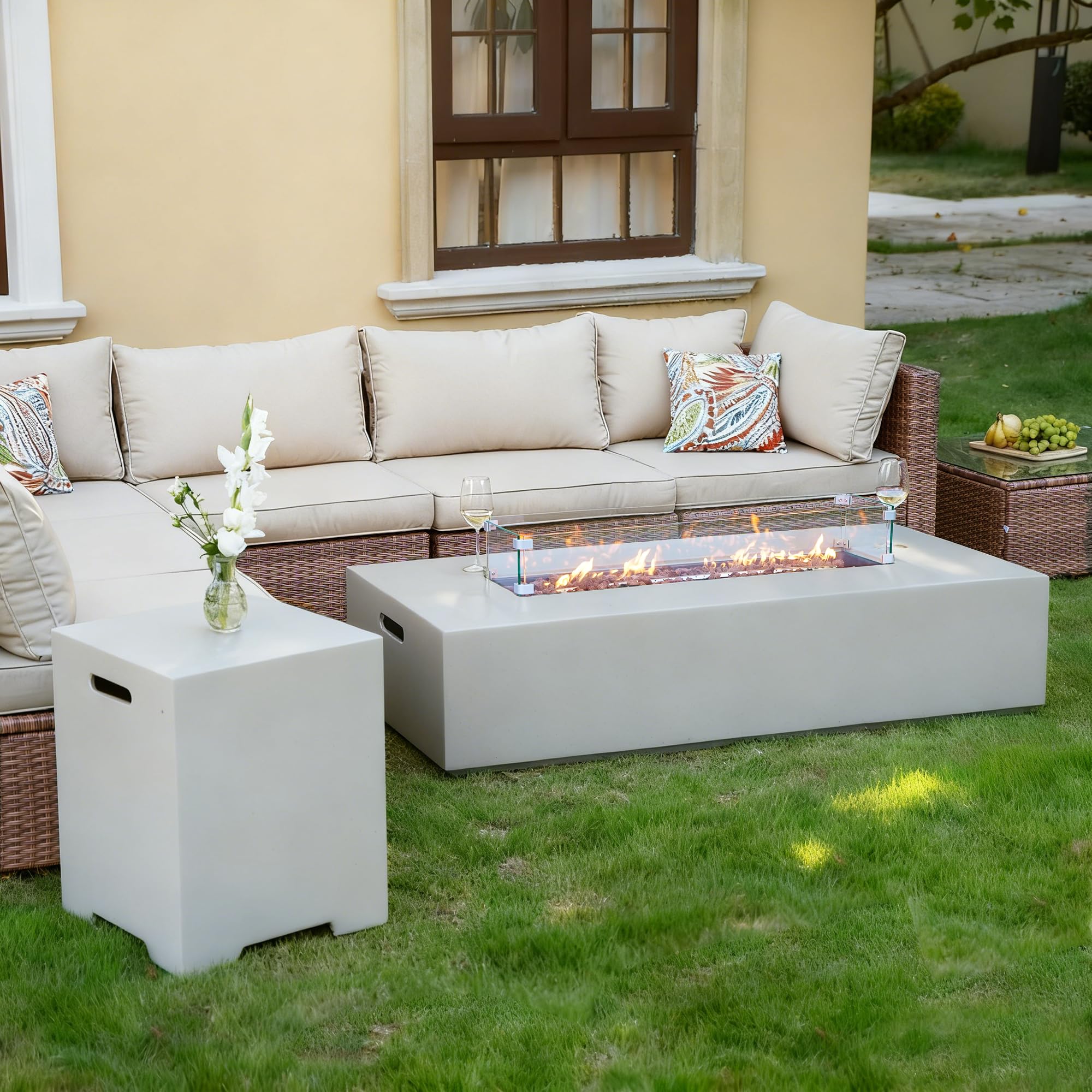 NAGA HABNA 56 Inch Propane Fire Pit Table, Rectangle Outdoor Fire Table w Tank Table (50,000 BTU), 3 Piece Gas Fire Pit w Glass Wind Guard & Lava