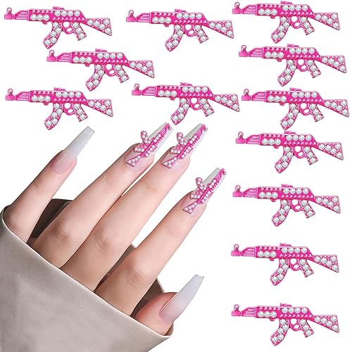 12 dijes para uñas de pistola, 3D, color rosa, diamantes brillantes, diamantes de imitación para decoración de uñas largas acrílicas, accesorios
