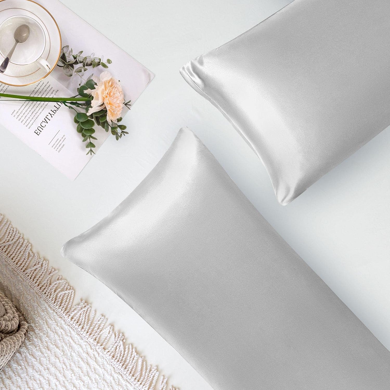 PiccoCasa Satin Body Pillowcases for Hair and Skin 2 Pack Luxury Silky Pillow Cover Smooth Long Satin Pillow Cases with Zipper Closure Silver 20"x48" - Image 4