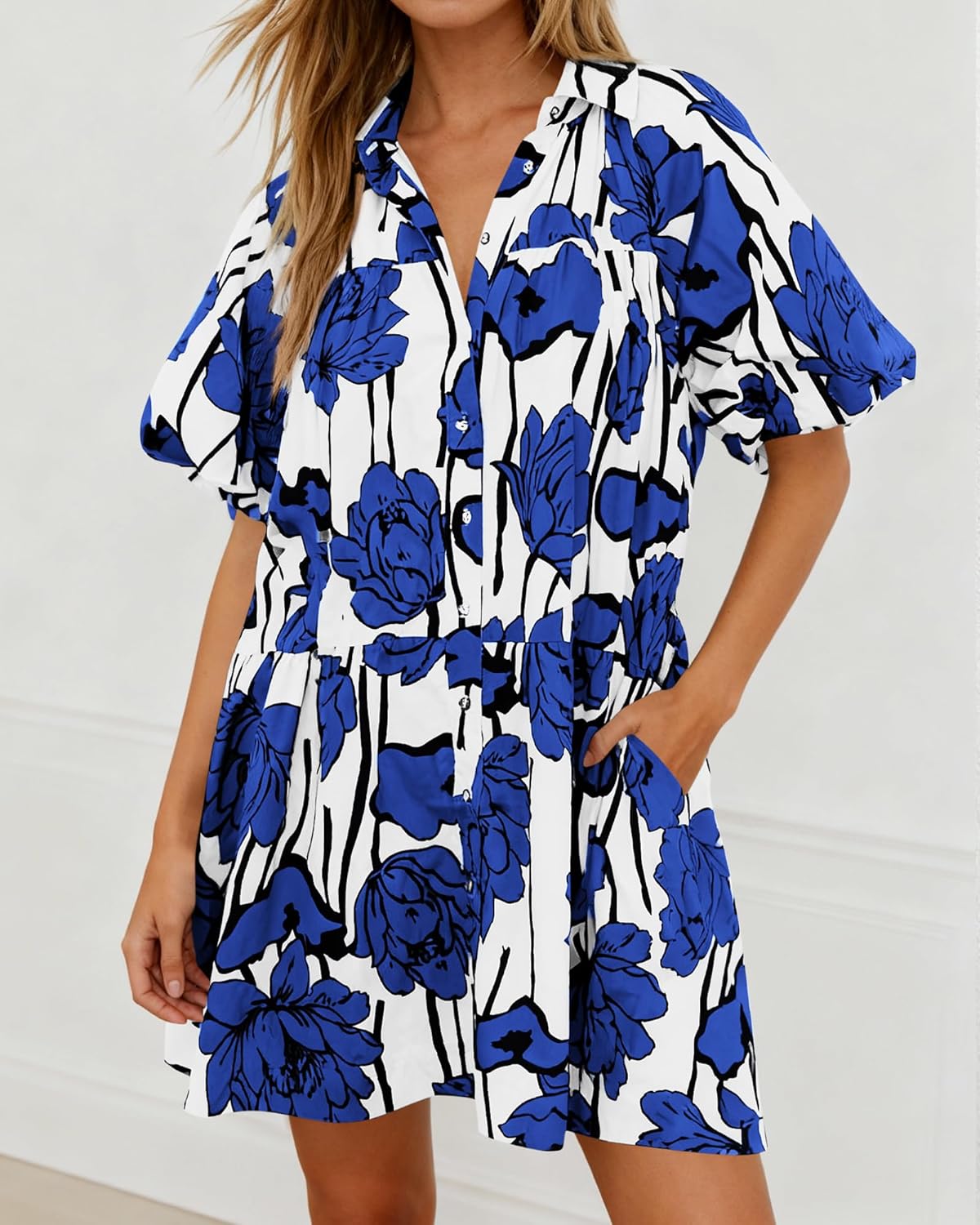 PRETTYGARDEN Womens Summer Dresses 2026 Casual Puff Sleeve Button Down Mini Shirt Dress Boho Floral Babydoll Sun Dress - Image 6