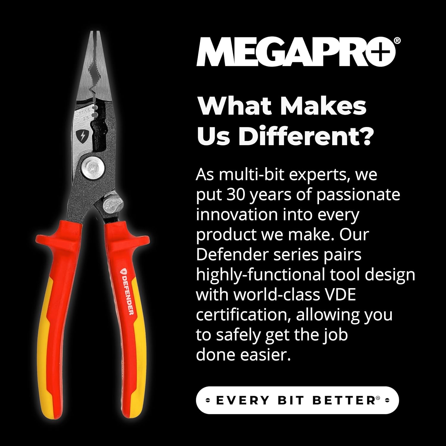 MEGAPRO® DEFENDER Wirestrippers | 1000V VDE Certified | 8.5" Long | Insulated | Electricians Tools (Wire Strippers)