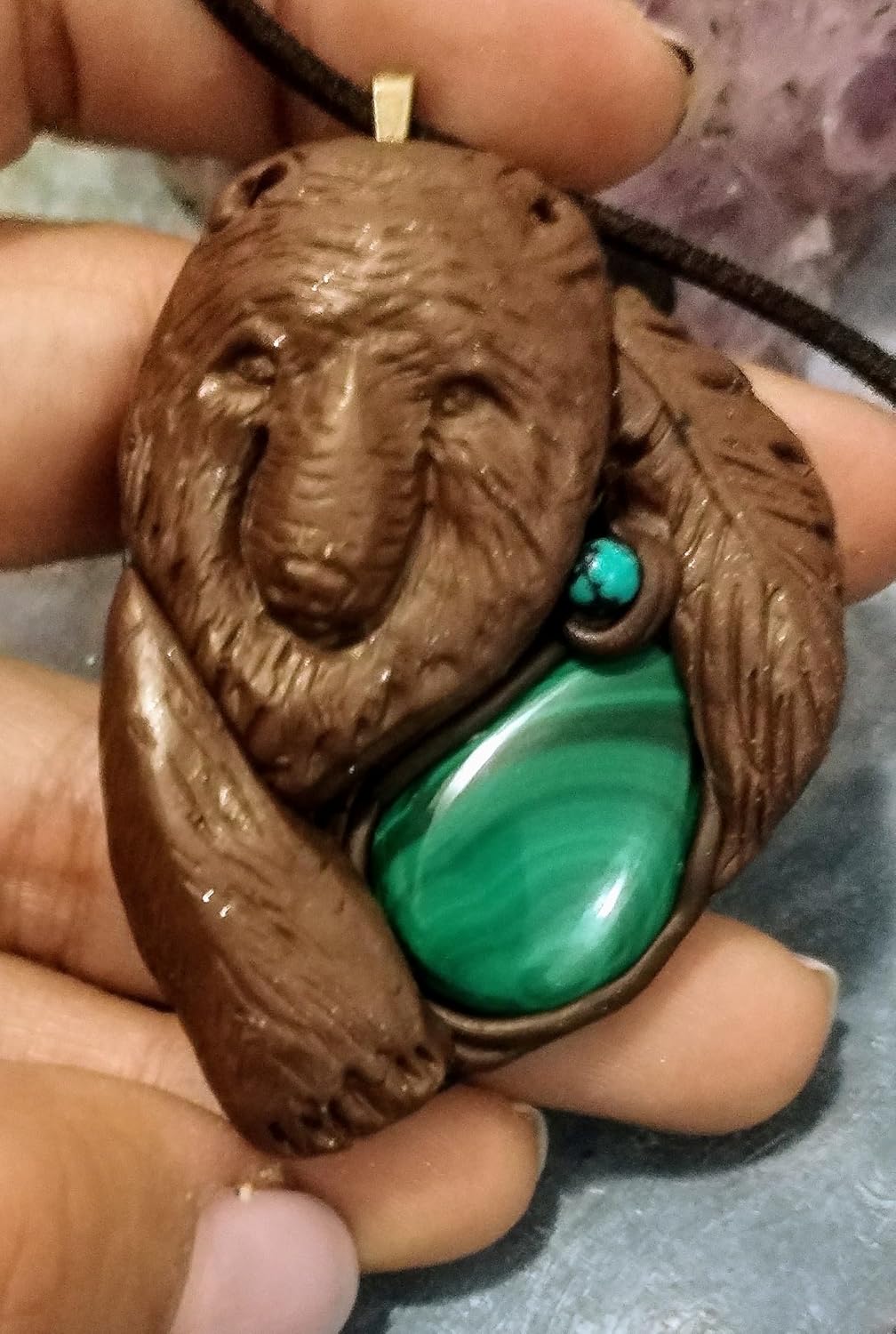 | Courage, Bear Spirit Animal Necklace | Malachite and Turquoise | Natural Gemstone Strength Jewelry Gifts For Men or Women