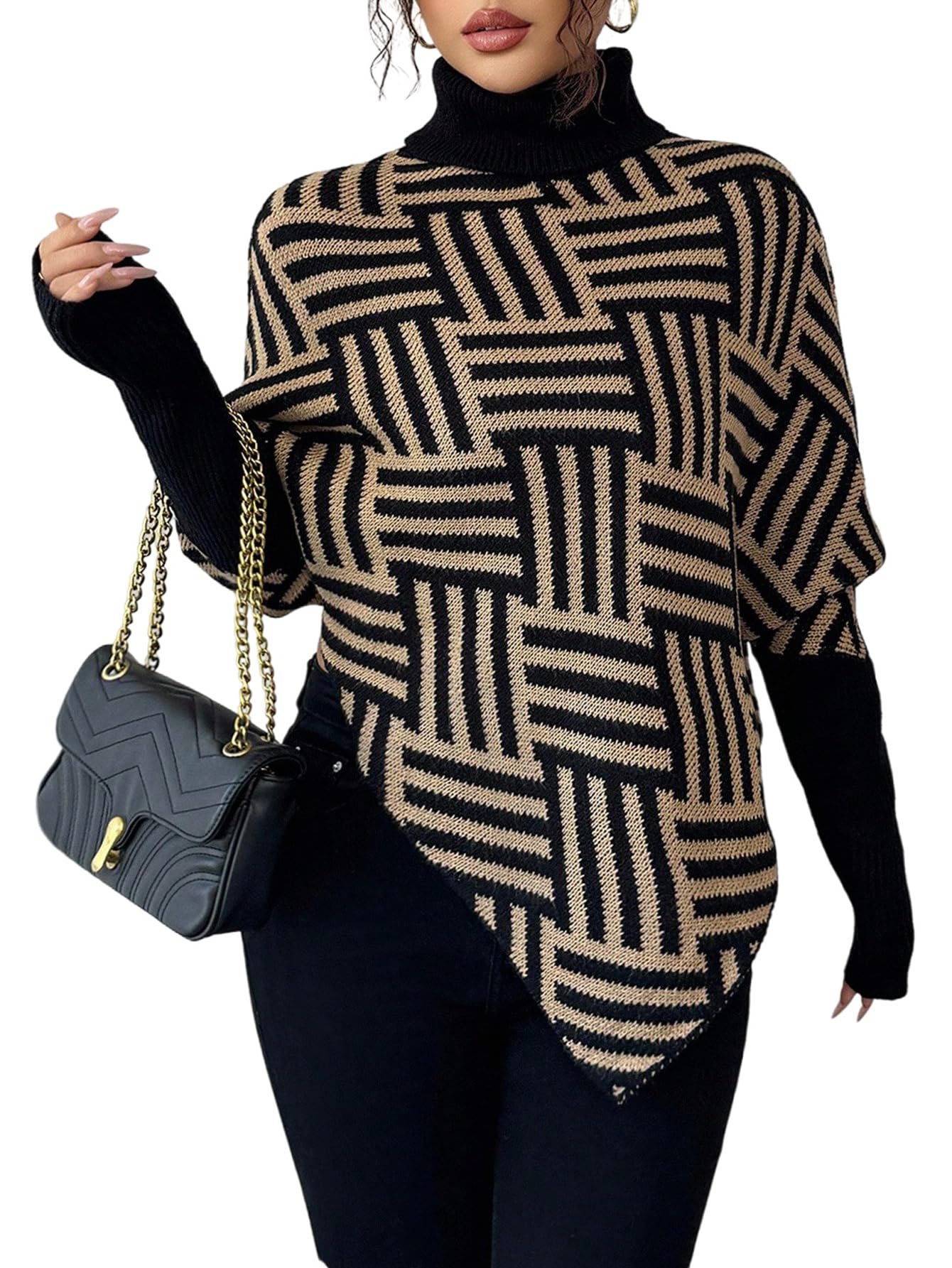 GORGLITTER Rollkragenpullover Damen Elegant Strickpullover Oversize Longpullover Old Money Style Damenpullover Langarm Winterpullover