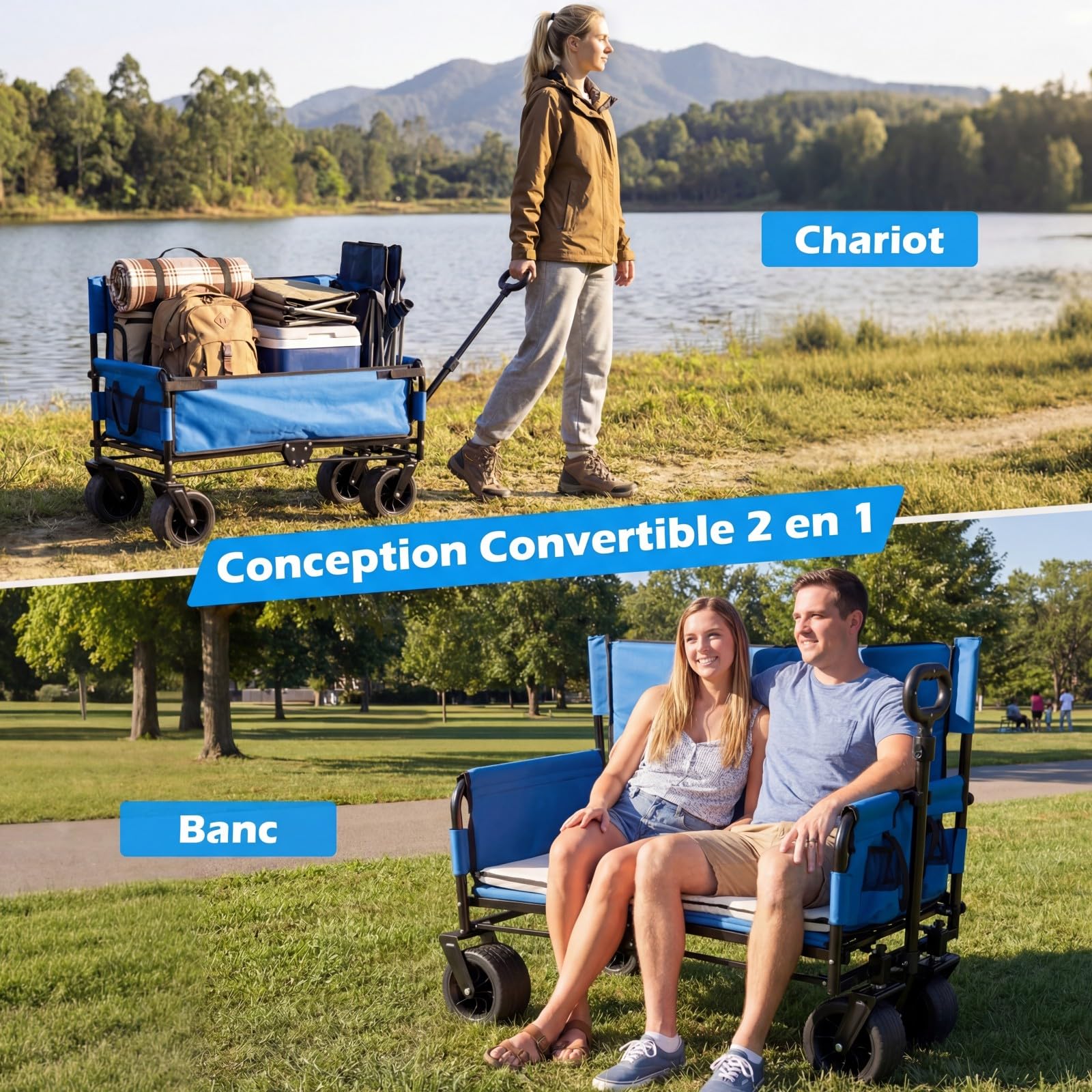 COSTWAY Chariot de Plage Pliable Banc 2-en-1, Chariot de Transport 85 L avec Poignée Ajustable Poussée/tirée Coussins Doux et Roues Tout-Terrain, pour Camping Sport et Shopping (Bleu)