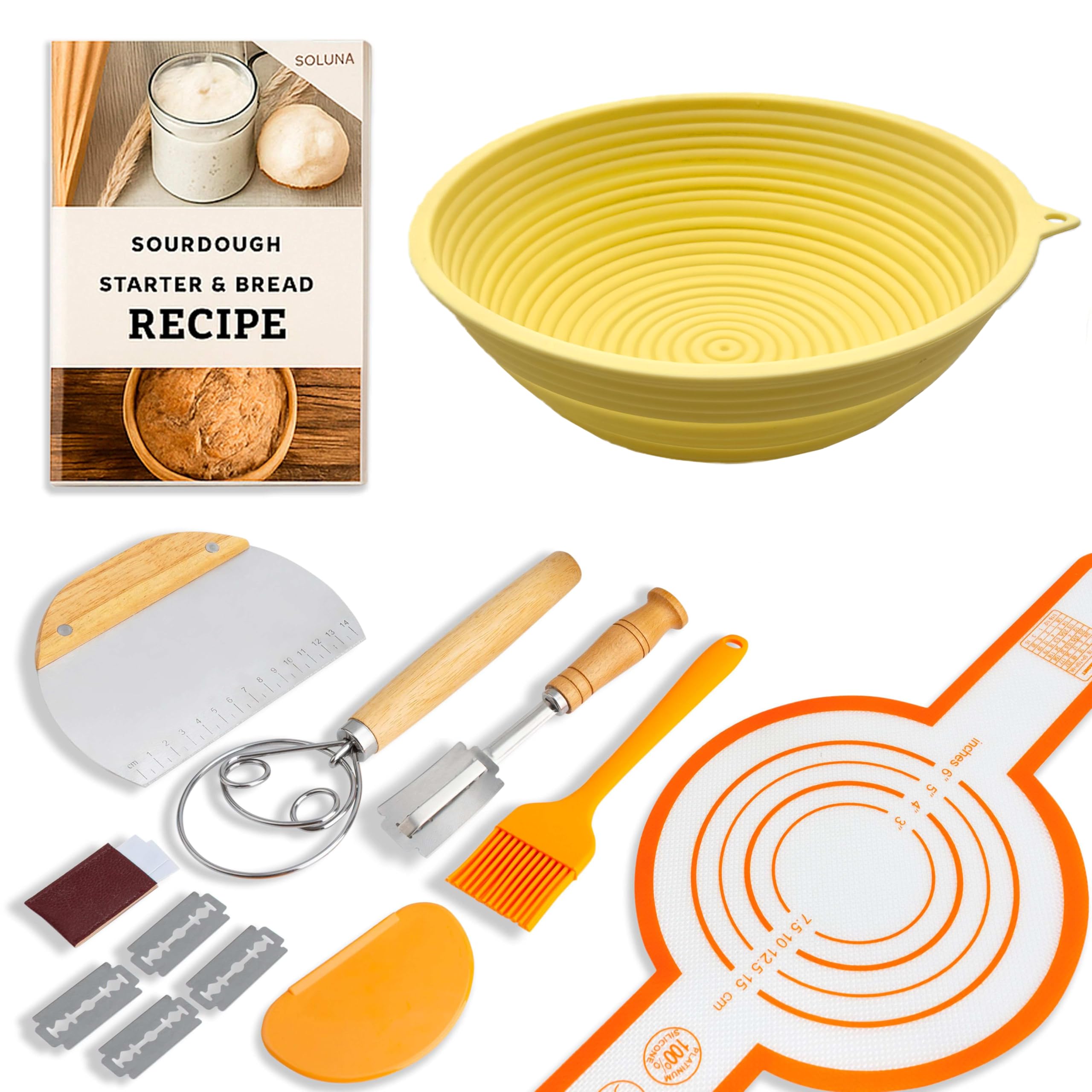 SoLuna.® Sourdough Starter Kit for Bread Making with Silicone Proofing Basket Round - Sourdough Starter Supplies Kits - Bread Baking Accessories (Silicone Orange, 9pcs)