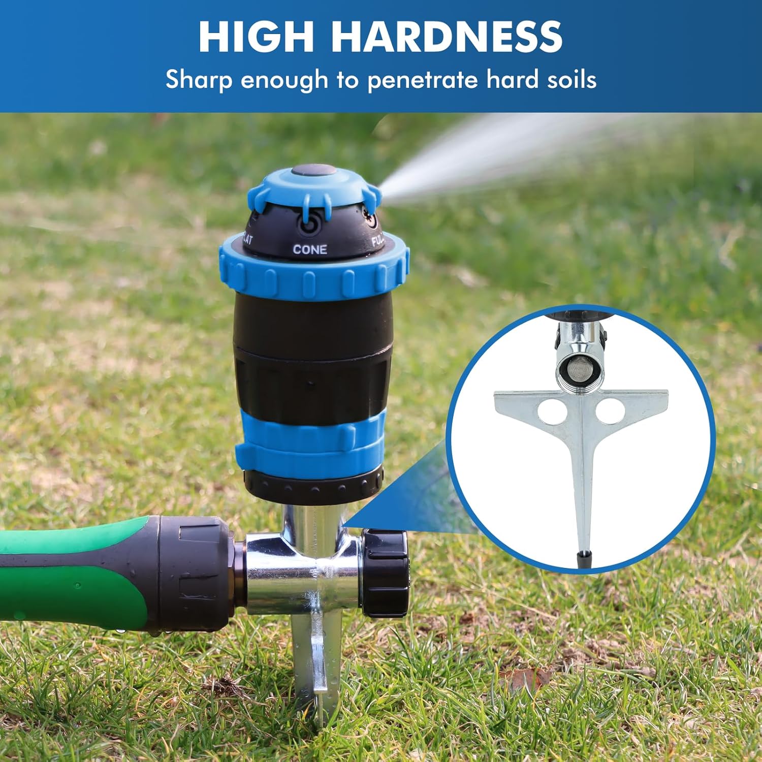 RESTMO Gear Drive Sprinkler with Metal Spike Base, 5-Pattern Heavy Duty Gardening Watering System, Multi-Adjustable Lawn Sprinkle for Garden Plant, Flower Bed and Large Yard Area Watering, Blue