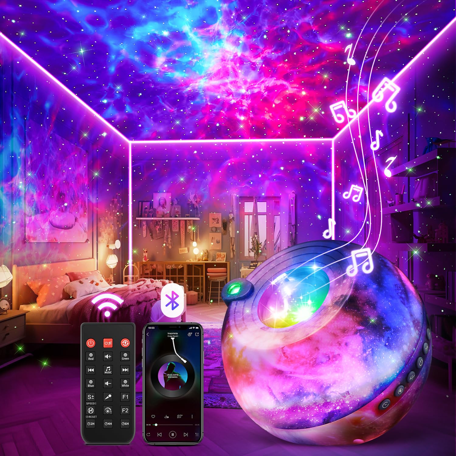 Proiettore Stelle Soffitto RGB 3D Planetario Proiettore Bluetooth Musicale Proiettore Soffitto 15 Rumore Bianco Proiettore Galassia Telecomando/Timer/360°, Proiettore Stelle Soffitto Bambini Adulti