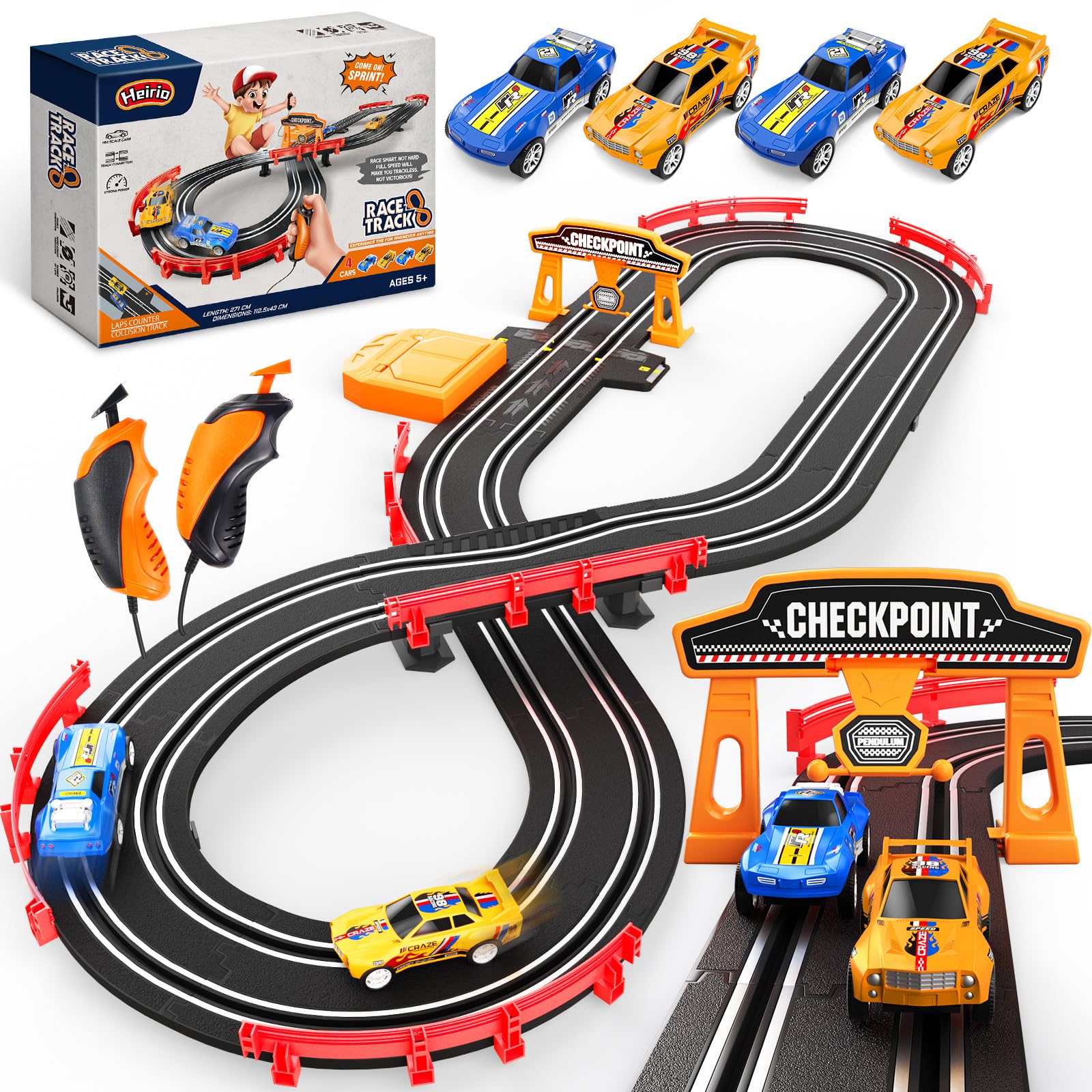 Heirio Slot Car Race Track Sets with 4 High-Speed Slot Cars, Electric/Battery-Powered Dual Car Track, Lap Counter, Controllers, Racing Car Game, Toys Gifts for Boys Girls Ages 5 6 7 8-12 Year Old Kid