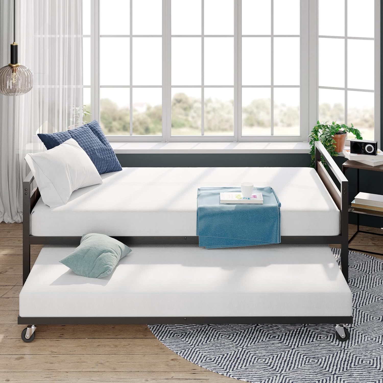 Twin Bamboo and Metal Daybed with Trundle and Headboard
