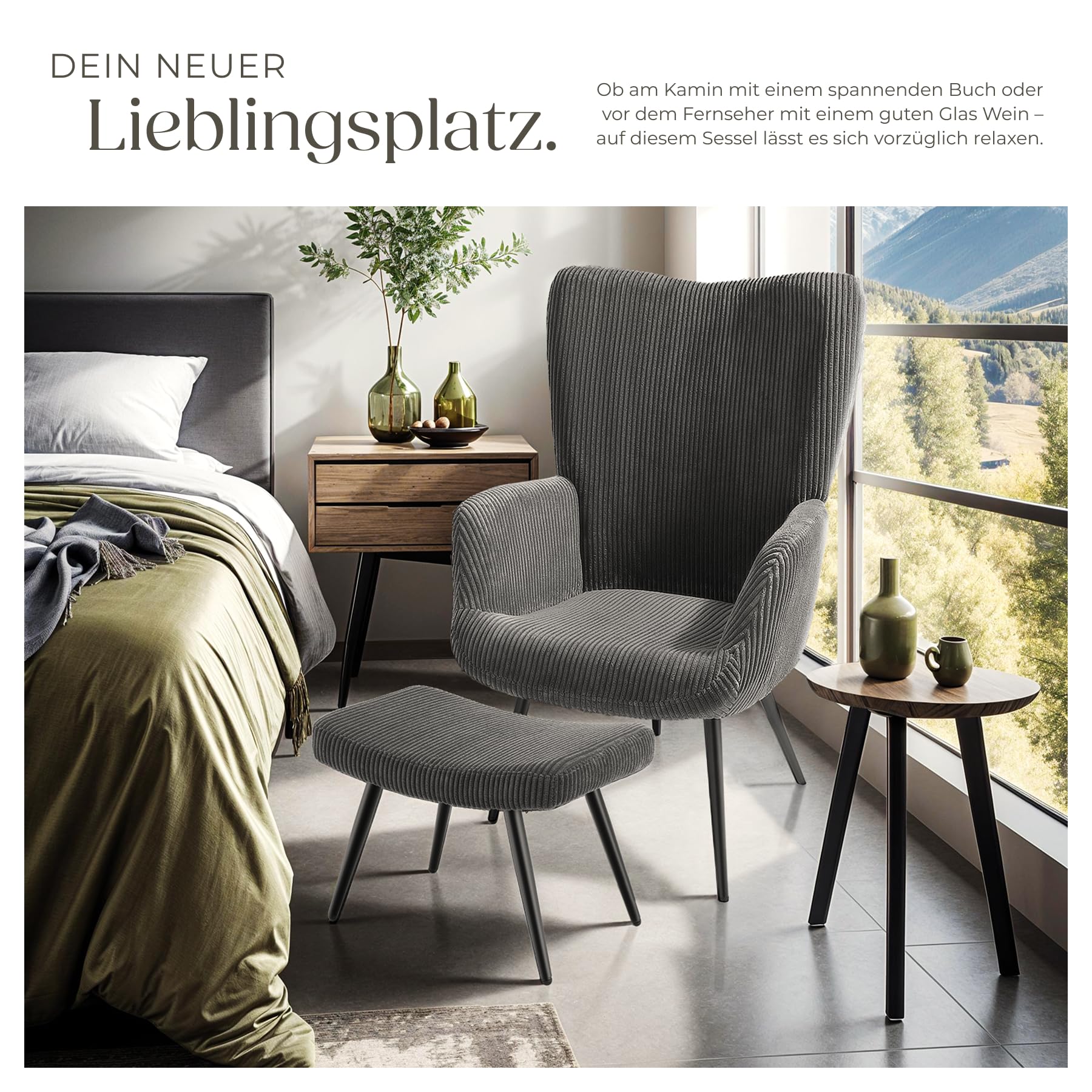 tectake® Skandinavischer Stil Ohrensessel, Sessel Hygge mit Hocker, Breitcordbezug, Sessel Wohnzimmer, Schlafzimmer, Esszimmerstuhl, Statement Loungesessel, belastbar bis 150 kg - anthrazit/schwarz