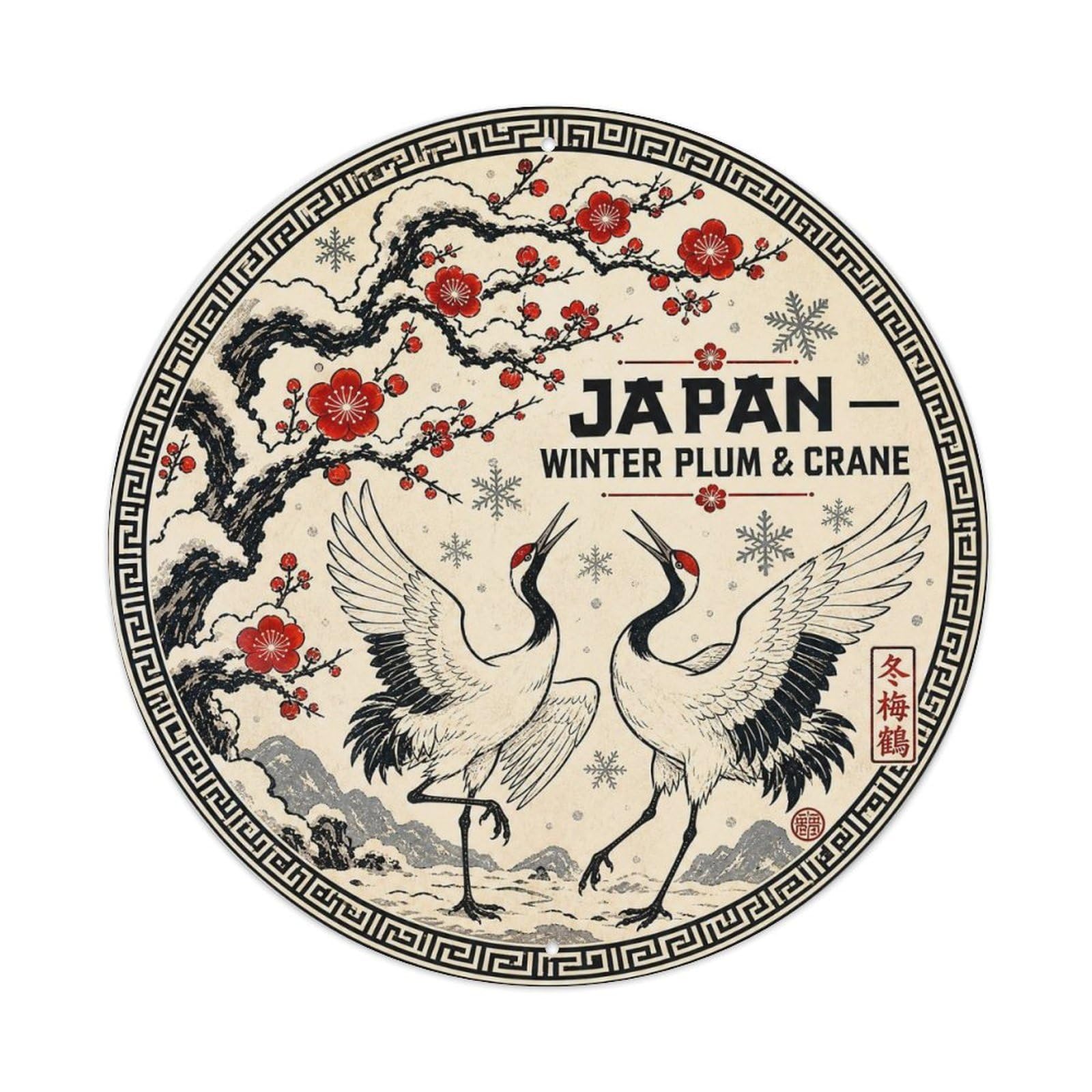 Olyhtr 8X8inch Classic Style Edo Japan Plum Crane Snow Ceramic Folk Pattern Metal Tin Sign