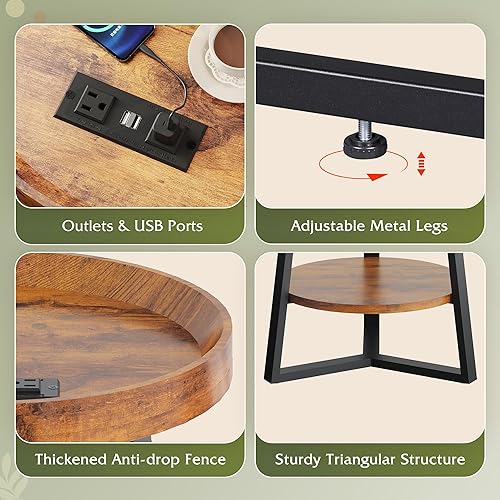 Miniatura 5 de WLIVE Mesa auxiliar redonda con estación de carga, mesa auxiliar redonda pequeña, mesa auxiliar de 2 niveles para sala de estar/dormitorio, sofá,