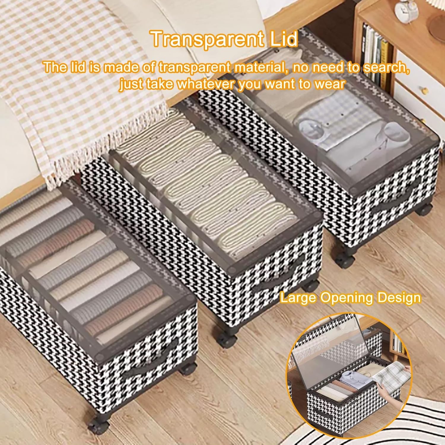 Under Bed Storage Containers with Wheels, Under Bed Drawers with Clear Lids, Under Bed Storage Bag, Rolling Under Bed Bins for Clothes, Shoes, Toys(57x29x30cm)