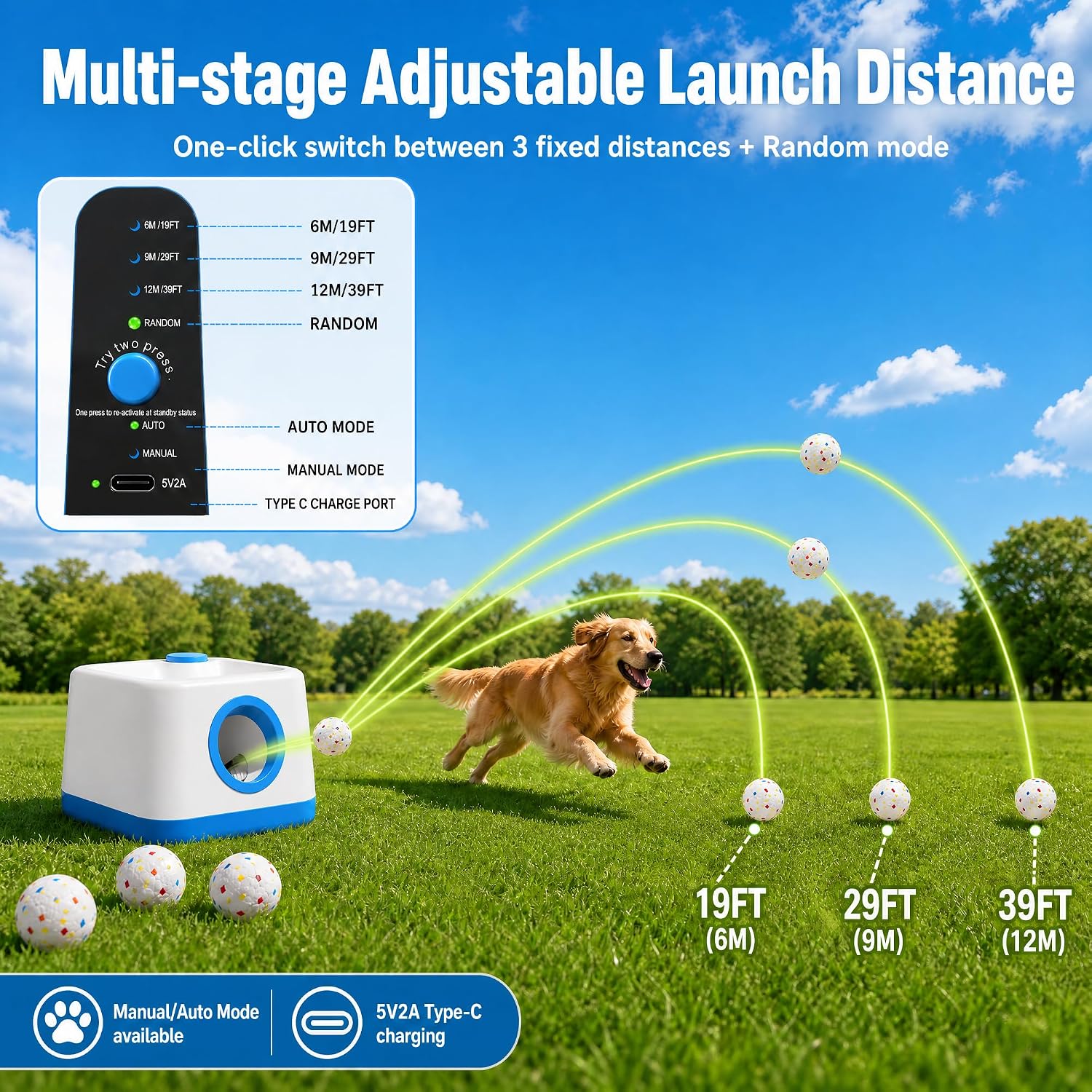 Automatic Dog Ball Launcher for Small and Medium Dogs, Interactive Dog Fetch Toy, 3 Distance Settings, Rechargeable Tennis Ball Thrower, Indoor and Outdoor Play, Launch Distance 19-39 ft