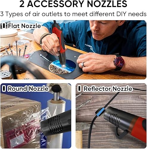 Miniatura 6 de ROMECH Pistola de calor de 350 W con 2 boquillas, pistola de calor de doble temperatura de 400 F a 660 F, pistola de aire caliente de calor rápido