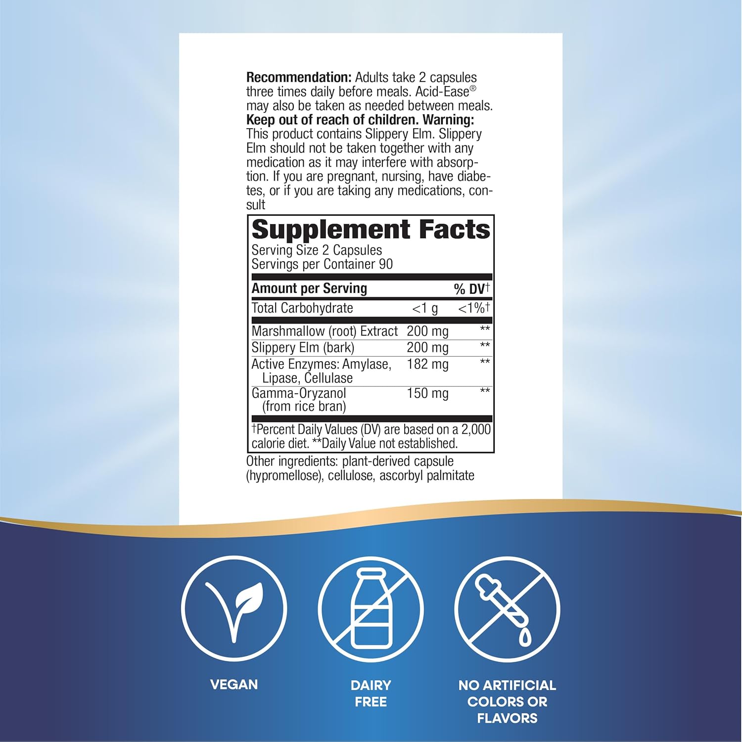 Nature's Way Acid Ease, Digestive Support Supplement for Sensitive Stomachs*, Marshmallow Root Extract, Slippery Elm Bark, Digestive Enzymes, 180 Vegan Capsules (Packaging May Vary)