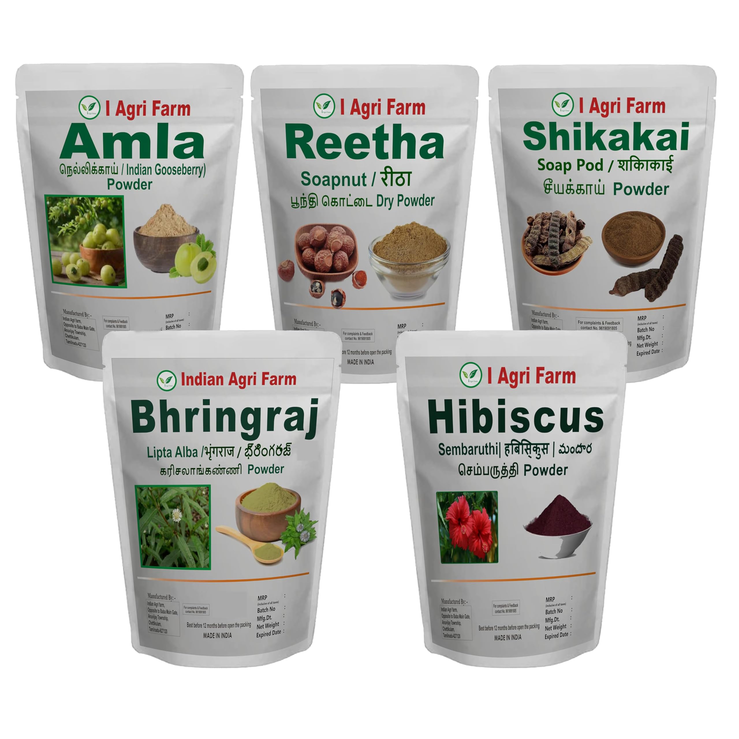 Iagrifarm Pack of 5 Amla, Reetha, Bhringraj, Shikakai, Hibiscus Powder / 250g each/Natural/Combo Pack-image-46