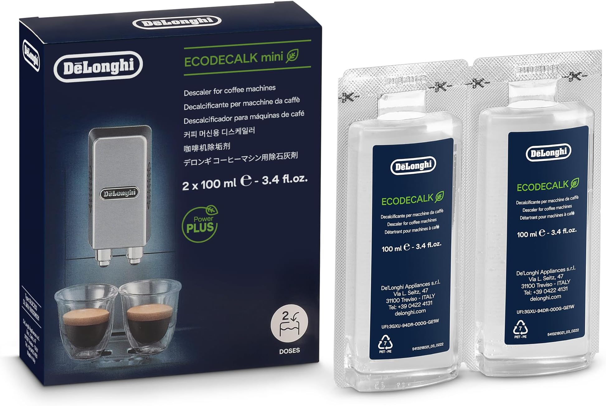 De'Longhi (デロンギ) Descaling Agent for De'Longhi Fully Automatic Coffee Machines DLSC200 Maintenance, Made in Italy, 100ml, Set of 2, De'Longhi Warranty Covered