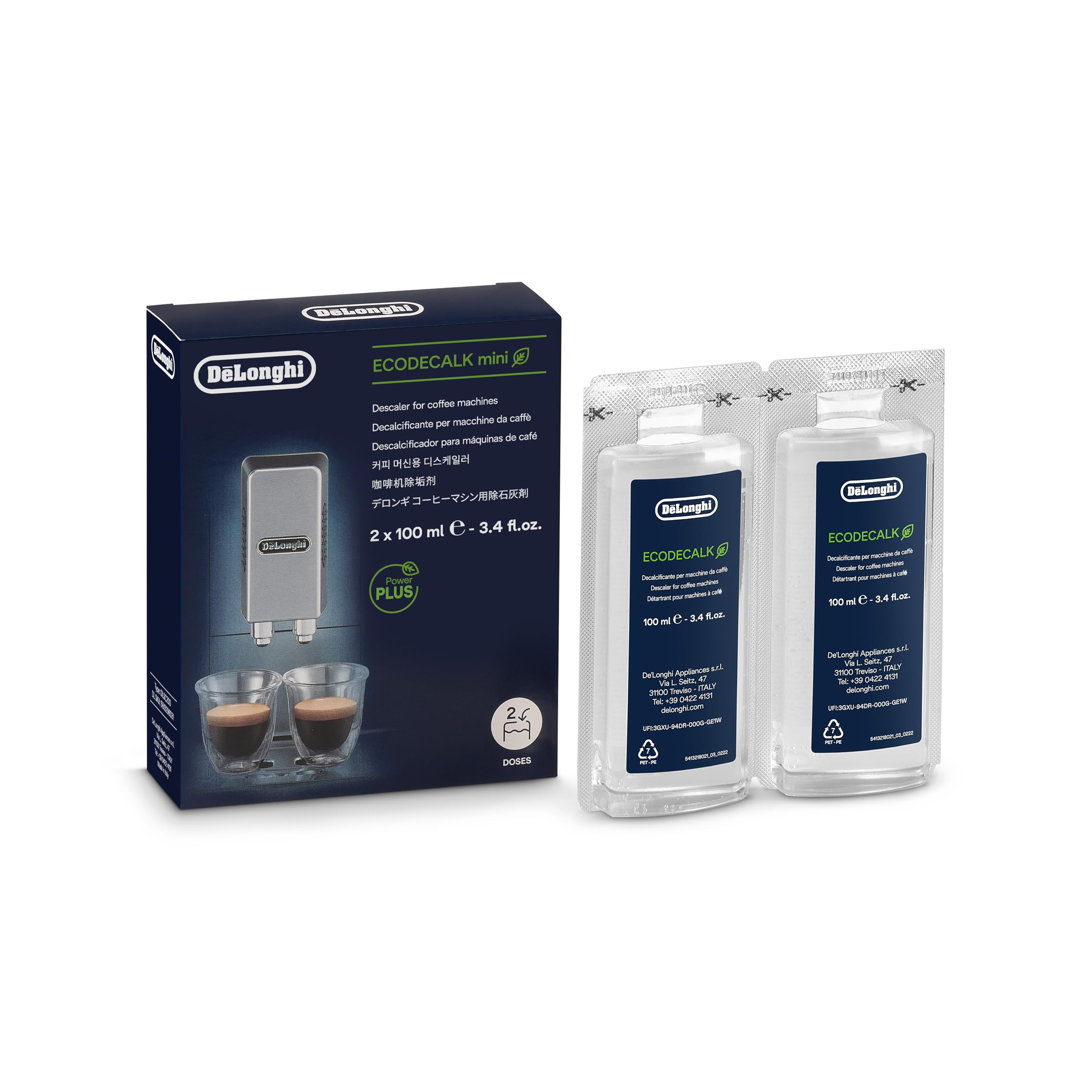 De'Longhi EcoDecalk Mini Descaler DLSC200, 2 Decalcification Doses, Coffee Machine Descaler, Coffee Machine Maintenance Accessory, Plant-Based Ingredients, 2x100ml, White