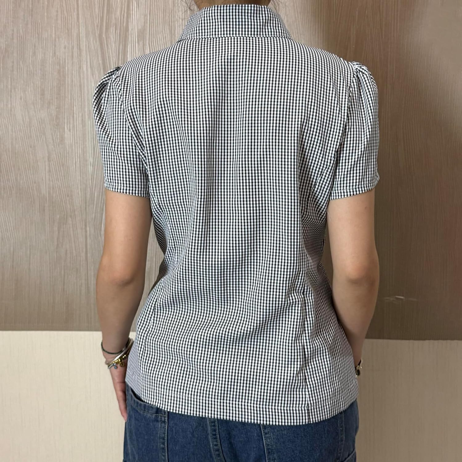 Women Y2K Button Down Plaid Shirt Preppy Slim Fit Short Sleeve Gingham Blouse Top Vintage Coquette Collar Crop Top - Image 4