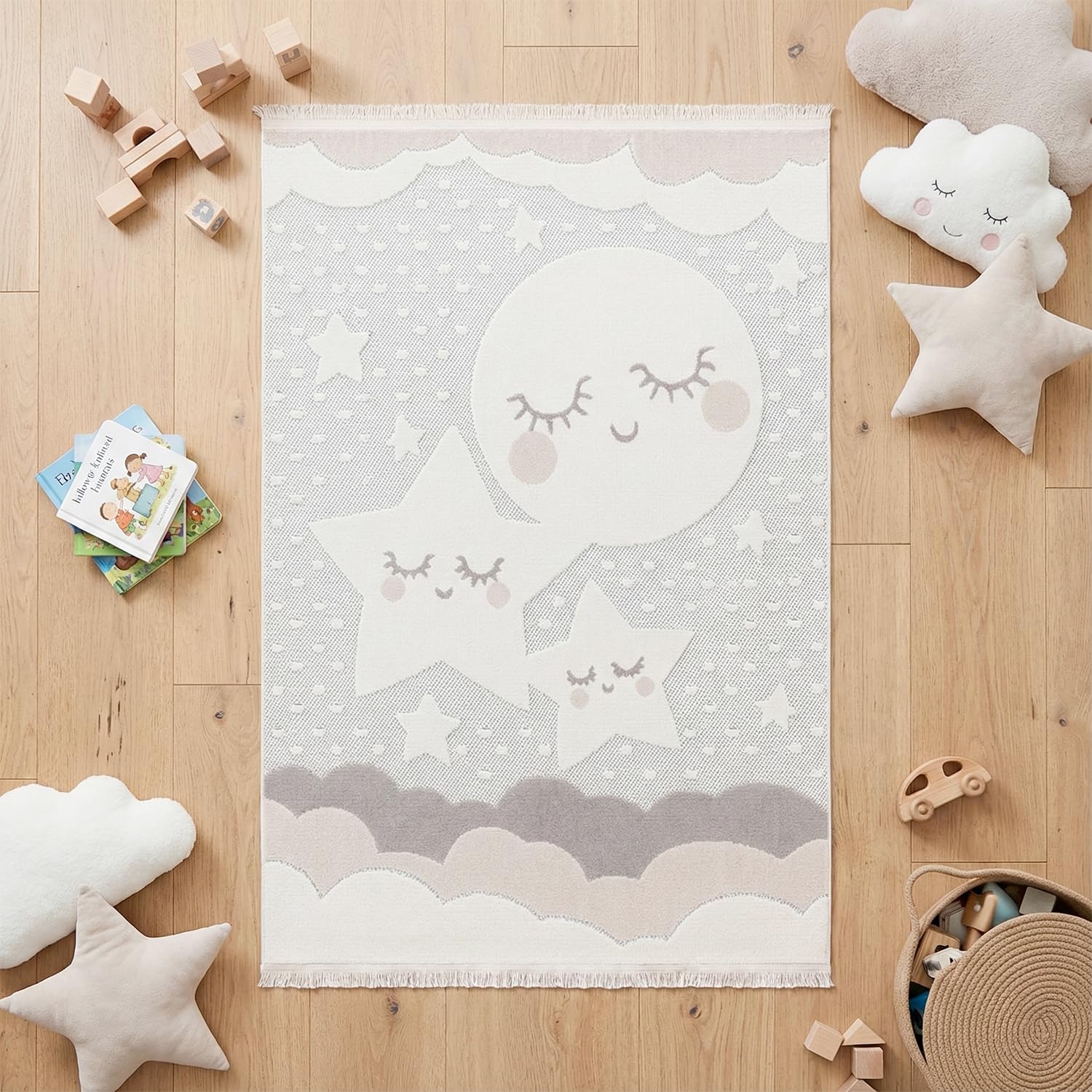 Alfombra Infantil Habitación Niña Niño Dormitorio Nubes Estrellas Arcoiris Animales 120x170cm Gris Claro Beige Crema