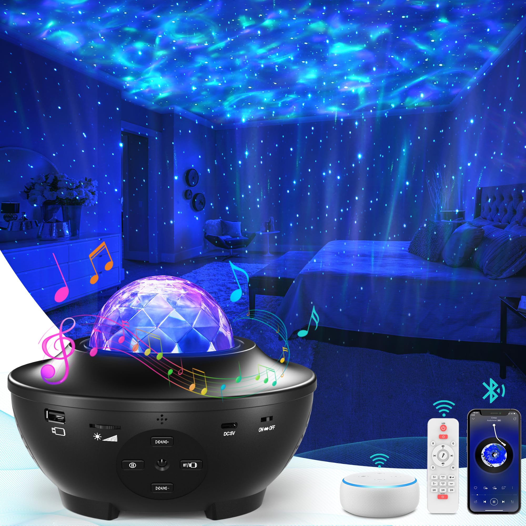 MDIOUM Galaxy Projector Light, Star Light Projector Ocean Wave LED Night Light Lamp with Remote Control, 12 Color Changing Music Bluetooth Speaker Timer for Baby Kids Adults Bedroom Party Home Decor