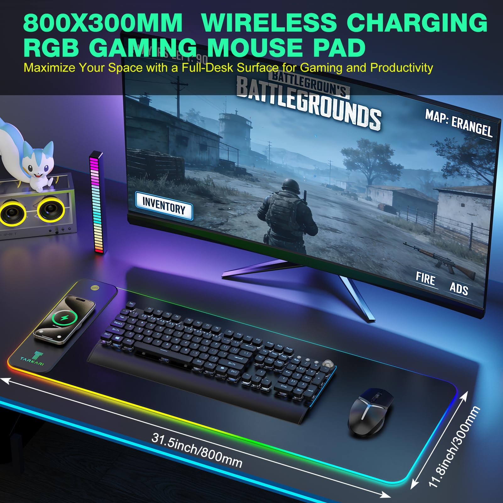 Tappetino per mouse RGB con ricarica wireless, grande tappetino per mouse da gioco a LED, 800 x 300 x 4 mm, 15 modalità di illuminazione, impermeabile, base in gomma antiscivolo, tappetino per