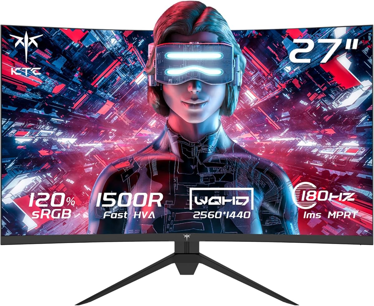 KTC 27 Inch QHD Curved Gaming Monitor, 2K@180Hz 1440P Monitor with 1500R VA Panel, 1ms MPRT, Adaptive Sync, HDR10, 132% sRGB, VESA, HMDI 2.0 / DP 1.4 for Desktop, Laptop, PS5, Xbox and More