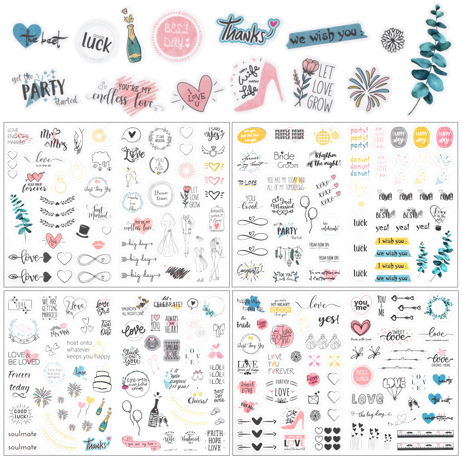 4 Hojas Pegatinas de Boda, 230 Libro de Visitas de Boda Pegatinas de Amor Vintage, Autoadhesivas Pegatinas para Scrapbooking Álbum de Fotos de Boda Decoración Tarjetas de Felicitación Aniversario