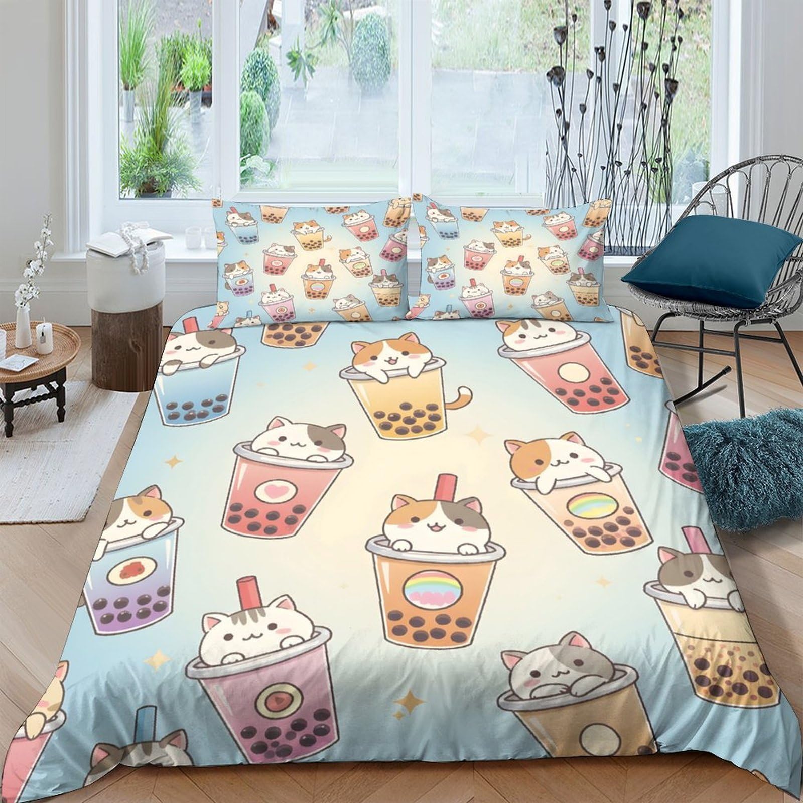 XFKLYNVCJ 3D Printed cute cat drinks Comforter Cover Brushed Microfiber kawaii bubble tea style Bedding Cover Lightweight Easy Care for College Dorm Teenagers Student Bedding Use Single（135x200cm）