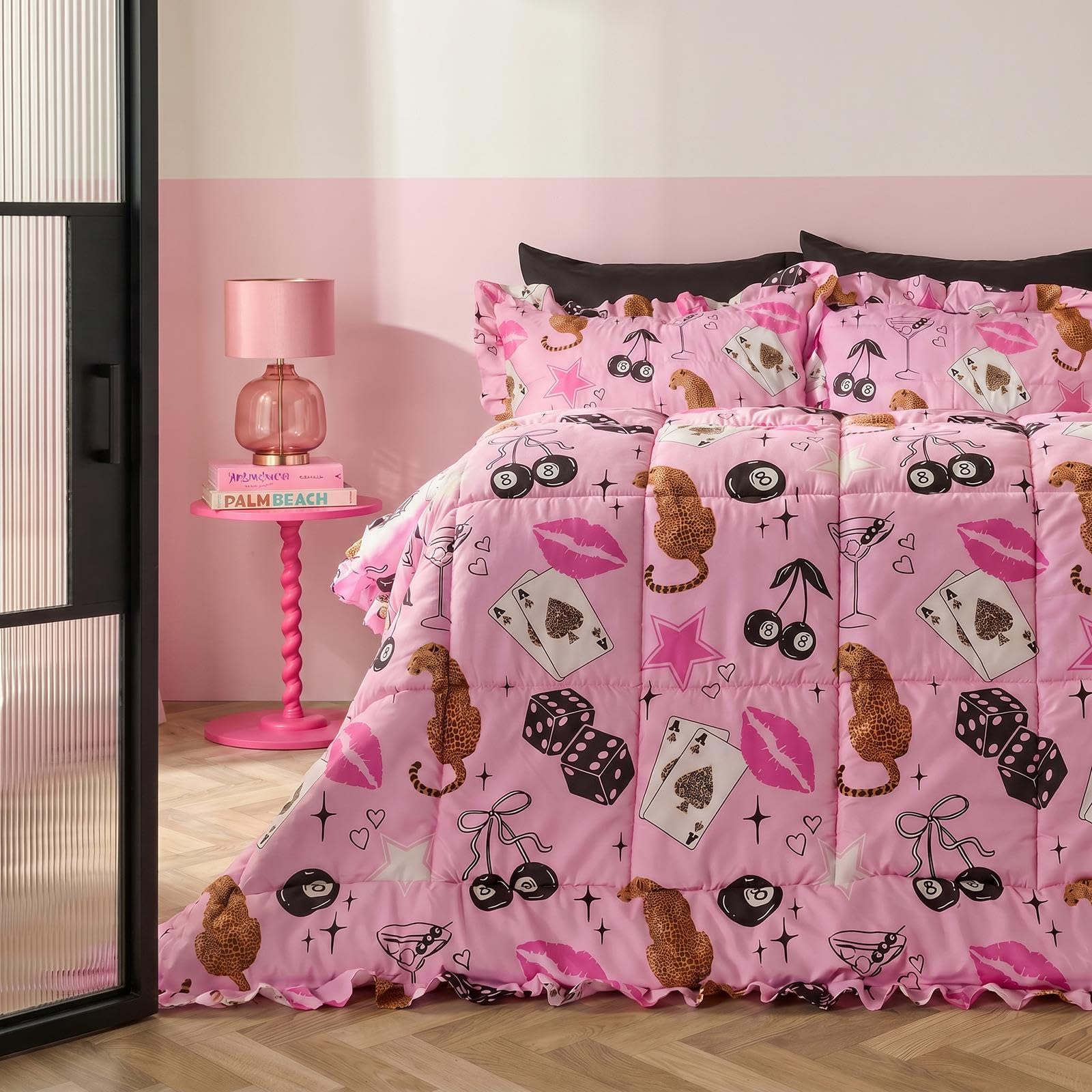 OHS Leopard Dice Frill Edge Coverless Duvet Single, 7.5 Tog Quilt - Pink
