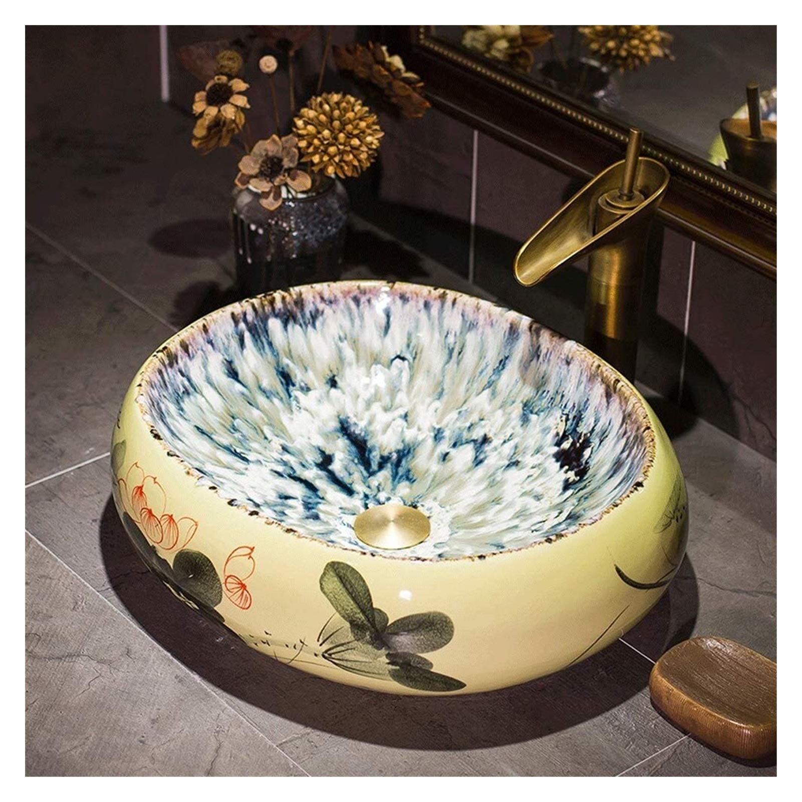 OLSKFUH Bathroom Bar Vanity Vessel Sinks Above Counter Ceramic Countertop Bowl Vessel Sinks For Hotel Lavatory Kitchen, Gradient Color Lotus Pattern, 19",