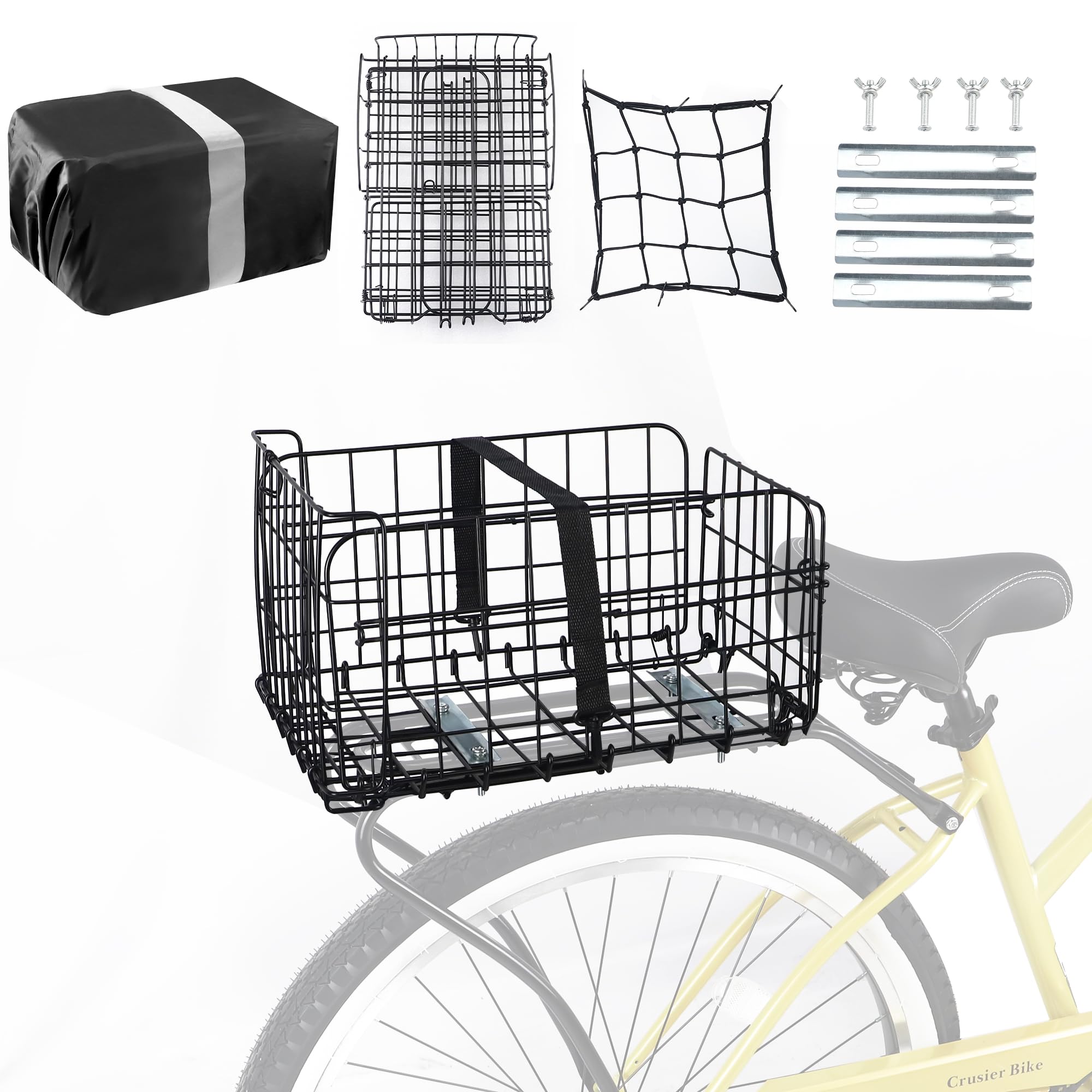 BALINGE Bike Basket Rear Folding Bike Basket Steel Wire Fold-Up Basket for Bike Detchable Rear Cargo Rack,Black