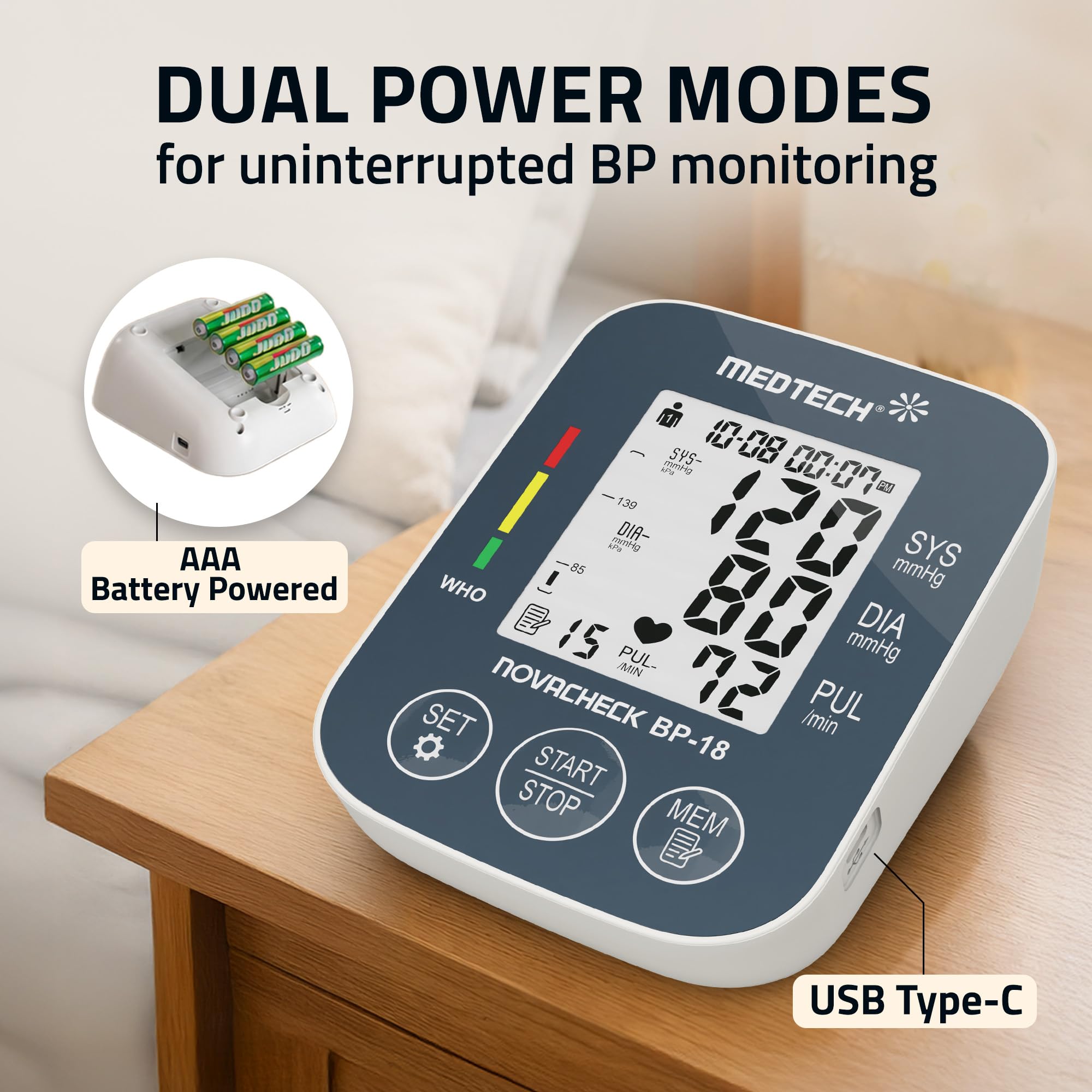 MEDTECH® BP18 Fully Automatic Portable Digital Blood Pressure Monitor with Smart MDD Technology and USB-C Port - Full Size Cuff - 22-42cm 3