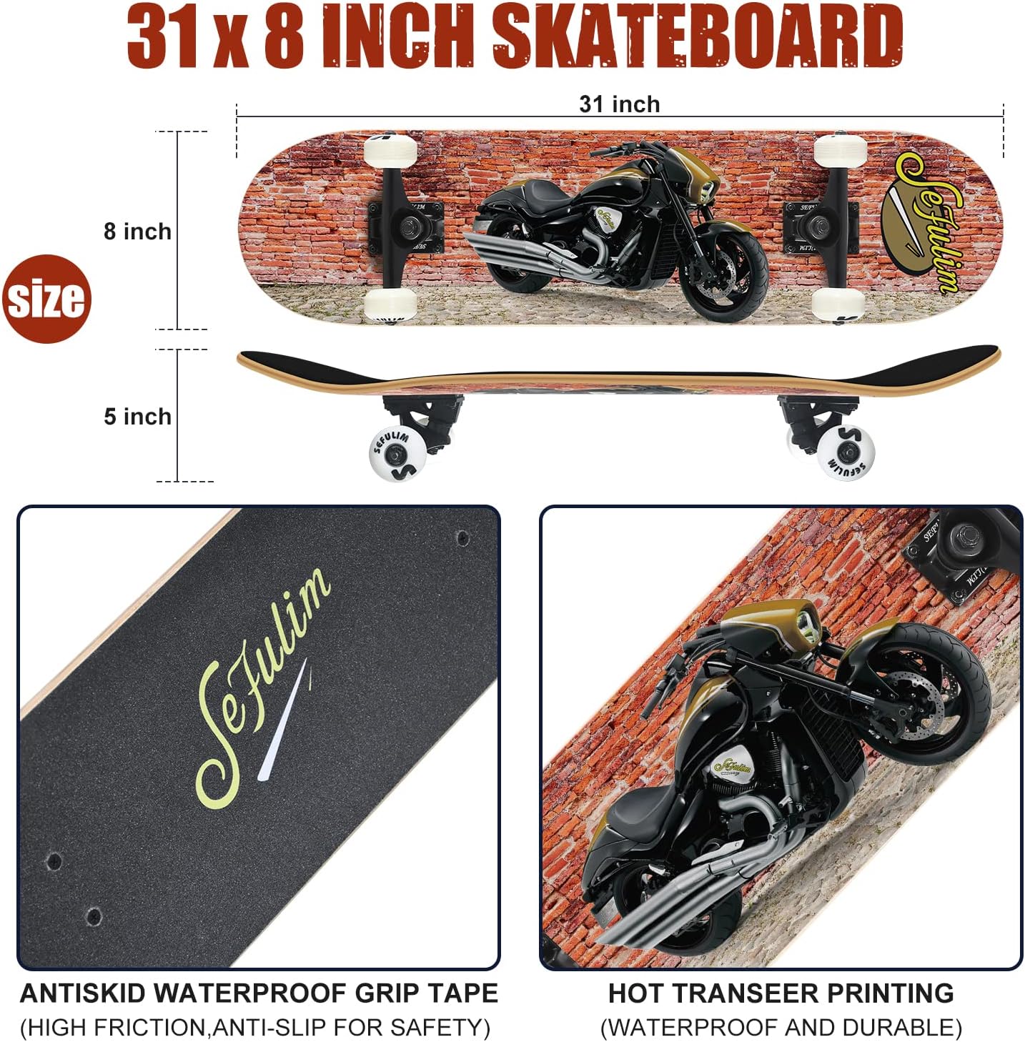Sefulim 31 x 8 Inch Complete Skateboard 7 Layer Canadian Maple Double Kick Deck Concave Cruiser Trick Skateboard for Boys Girls Teens Adults Beginner