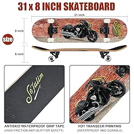 Sefulim 31 x 8 Inch Complete Skateboard 7 Layer Canadian Maple Double Kick Deck Concave Cruiser Trick Skateboard for Boys Girls Teens Adults Beginner