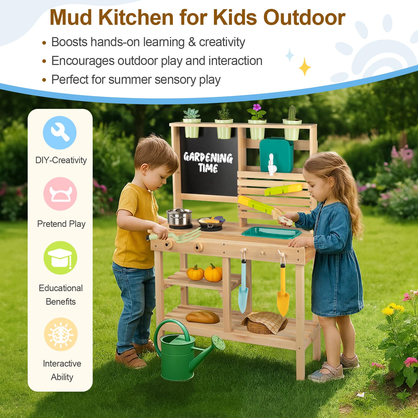 [Construcción de ensueño] Cocina de barro para niños al aire libre, juego de cocina de madera para niños pequeños con fregadero, utensilios de cocina, estufa, pizarra, grifo y estantes de 2