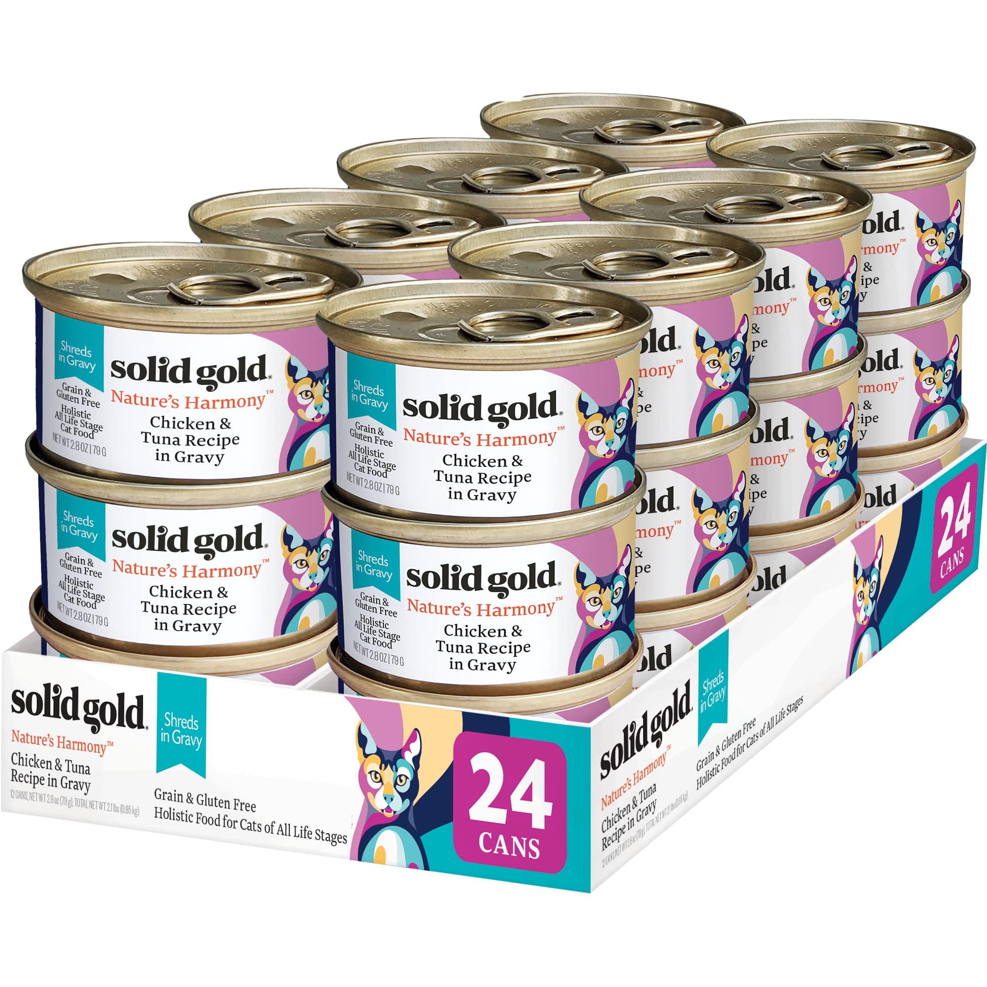 Solid Gold Wet Cat Food Shreds in Gravy - Healthy Canned Cat Food Made w/Real Chicken & Tuna Shreds, Vitamins & Minerals - Grain Free & Gluten Free Canned Meals for Cats & Kittens - 24ct/3oz Can