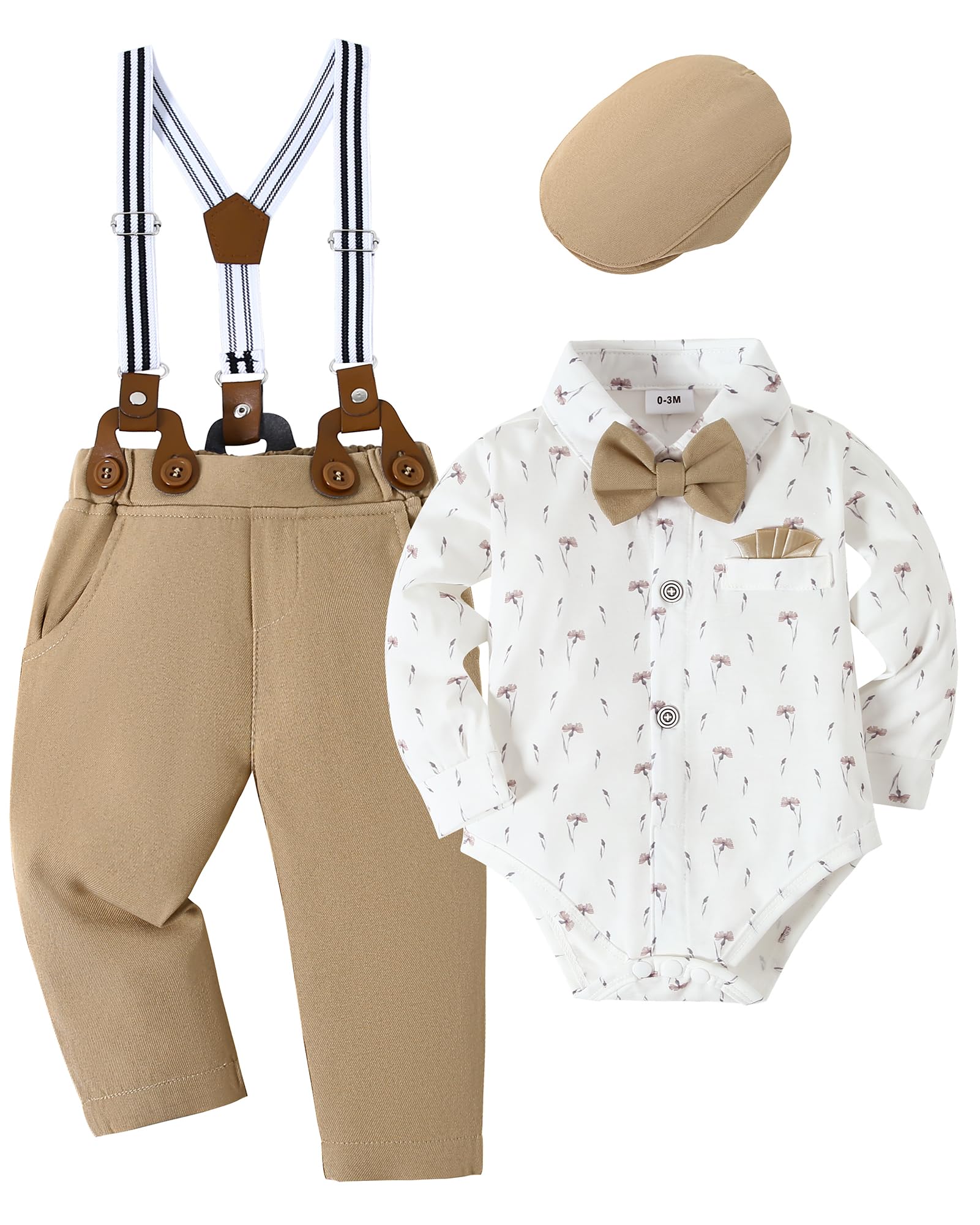 YALLET Baby Boy Outfits Suits Infant Formal Dress Clothes Gentleman Wedding Print Shirt+Beret Hat+Suspender Pants+Bowtie