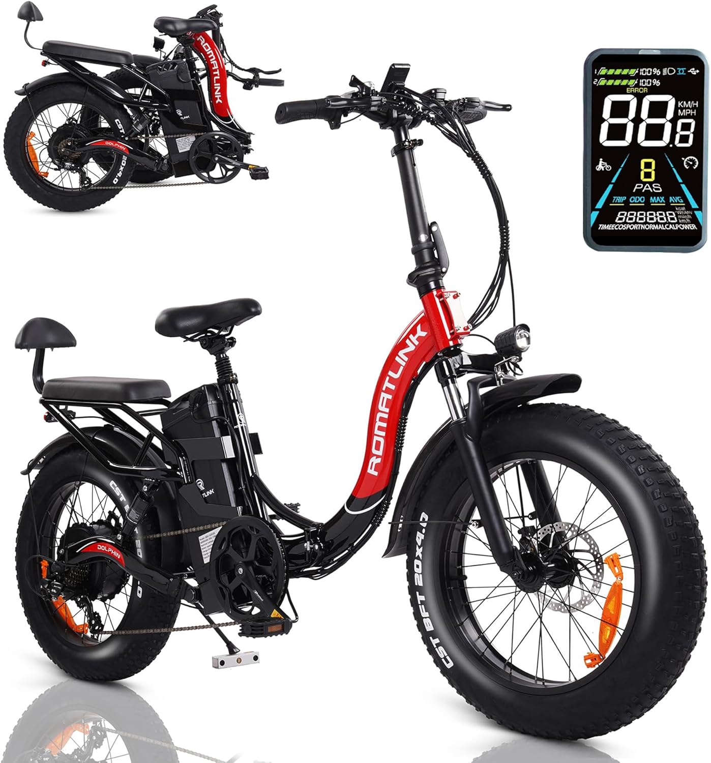 Folding Electric Bike for Adults, 48V 30Ah Ebike Battery with Range of 100 Miles, 20″ Ebikes Wheel, 750W Motor(1000W Peak) Screen Sruise Control, Not-Slip Dirt Bike (Dolphin) (Red) Folding Electric Bike for Adults, 48V 30Ah Ebike Battery with Range of 100 Miles, 20″ Ebikes Wheel, 750W Motor(1000W Peak) Screen Sruise Control, Not-Slip Dirt Bike (Dolphin) (Red)