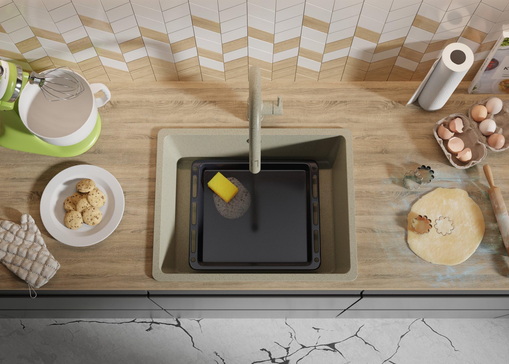 PRIMAGRAN Fregadero Cocina Todo Beige - Venecia Easy Slim, 56x44cm | Granito 1 Seno + Sifón, sobre Encimera al Mueble 60cm (S070)