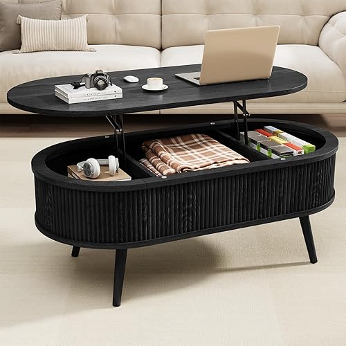 Miniatura 9 de Mesa auxiliar ovalada con almacenamiento, moderna mesa de centro acanalada con parte superior elevadora, mesas de centro pequeñas con Roble