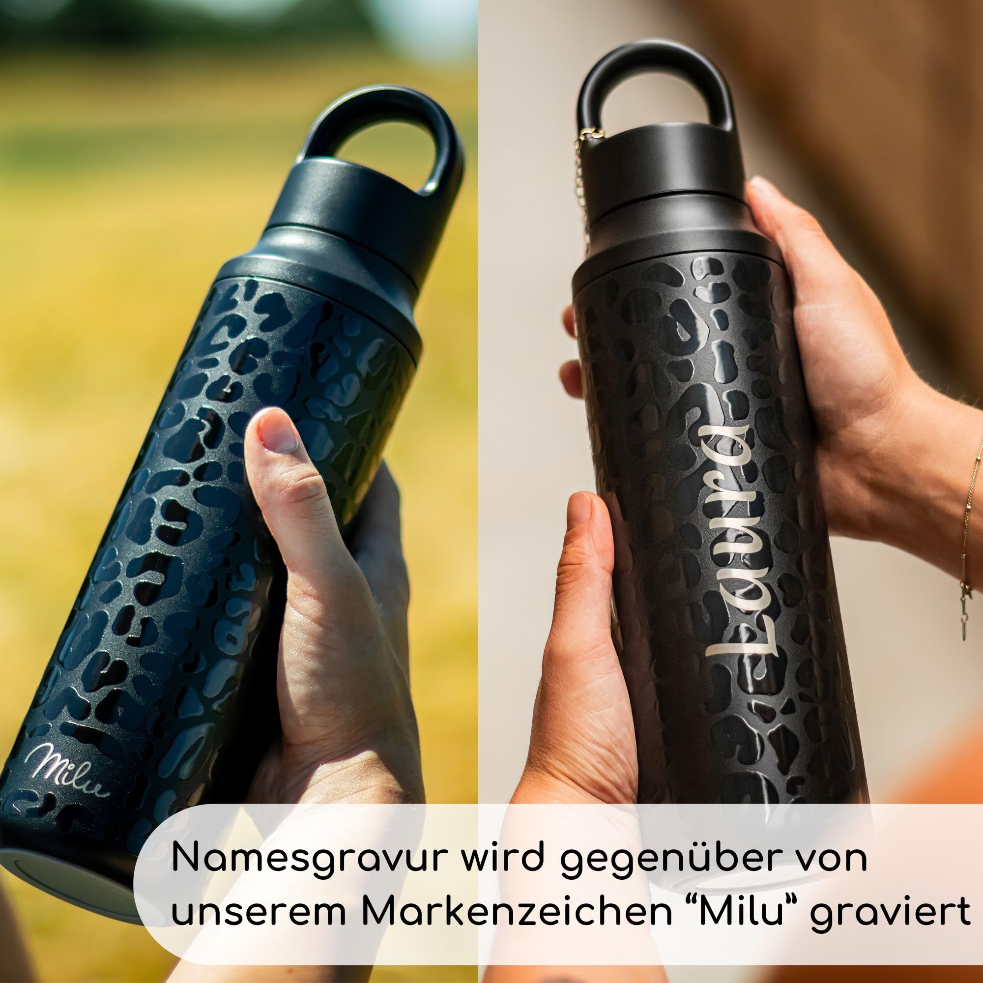 Milu Edelstahl Trinkflasche 600ml, 750ml – Thermosflasche, Isolierte Wasserflasche, Auslaufsichere Isolierflasche doppelwandig, Thermoskanne – inkl. Reinigungsbürste (Gravur, 750ml)