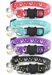 4-Pack Glow-in-the-Dark Breakaway Cat Collars with Bells, Moon Stars Pendants - Adjustable Safety Kitten Collars for Cats (4 Colors)