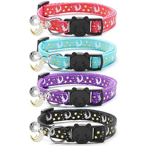 LAFAYI 4 PCS Breakaway Cat Collars with Bell Moons Stars,Kitten Collar and Adjustable with Pendant Glow,Cute Kitty Collar for Girl Boy Cats,Pet Gifts,Accessories(4 Colors) - Starry