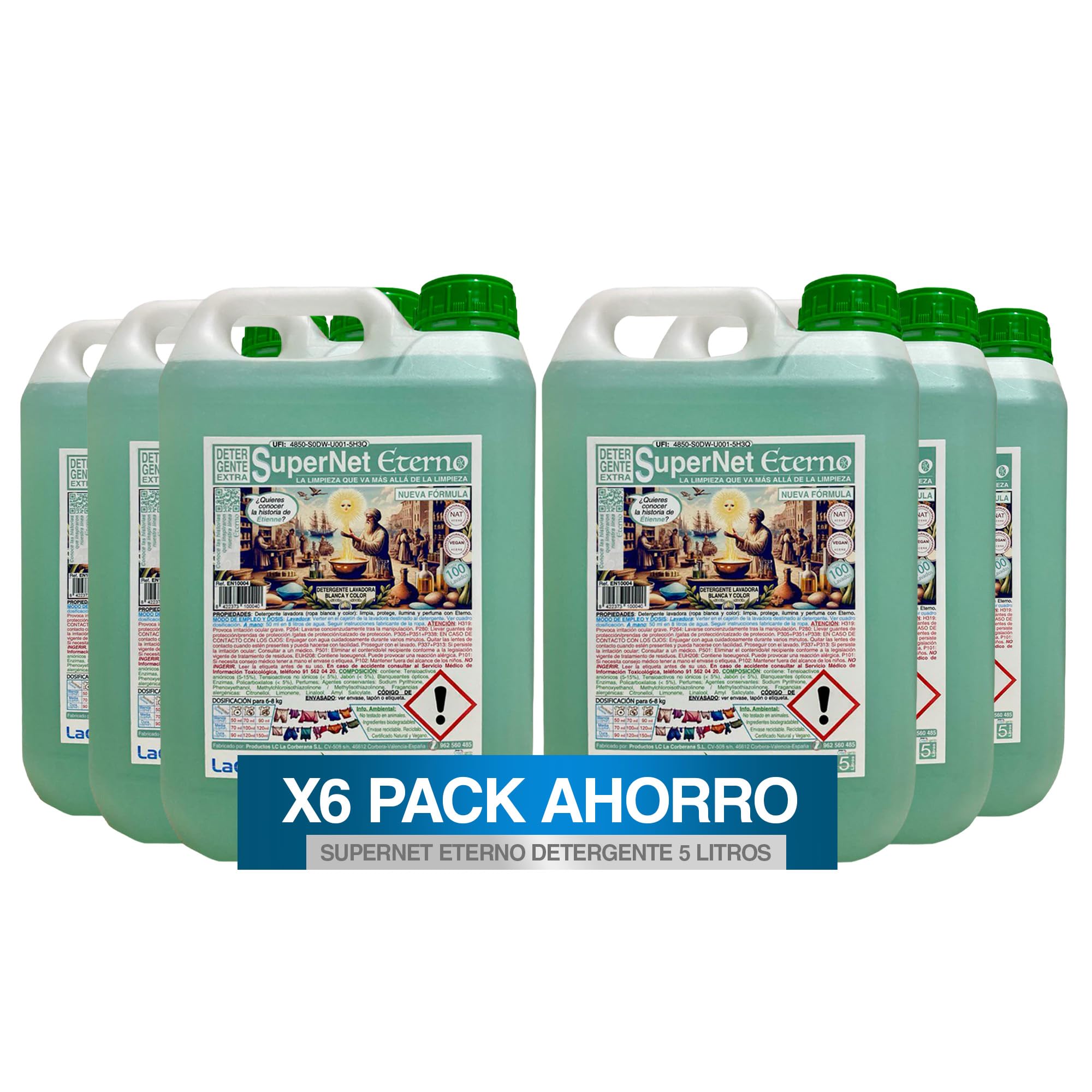 SuperNet Eterno | Detergente Ropa Líquido 5L | Pack de 6 | Quita Manchas Para Ropa Blanca y de Color · Extra Concentrado · Jabón Líquido Lavadora Profesional · Natural Vegano