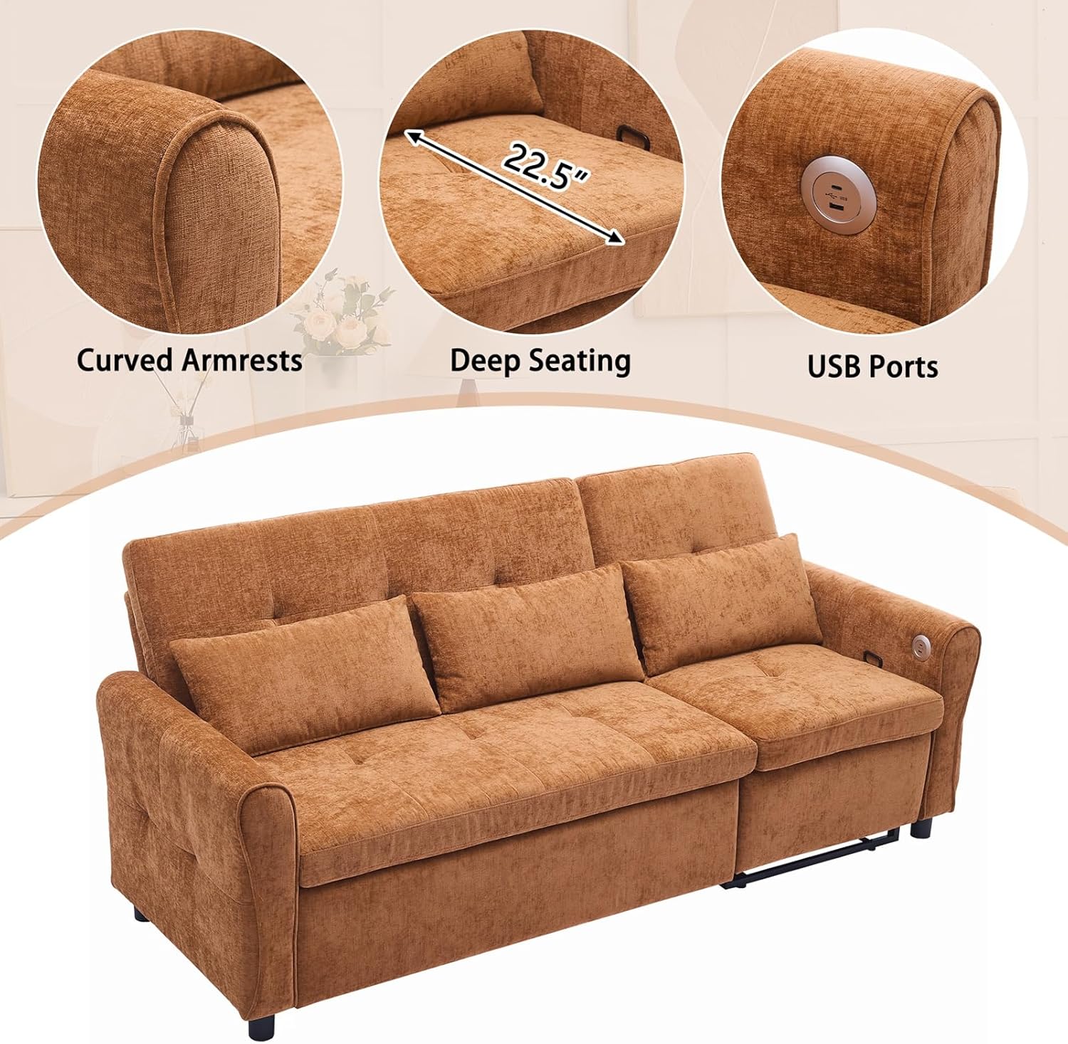 Convertible Sofa Bed, 2 in 1 Sleeper Couch with Pull Out Bed and Reversible Recliner, Comfy Chenille Couch with 3 Pillows & Adjustable Backrest & USB Ports for Living Room, Brown