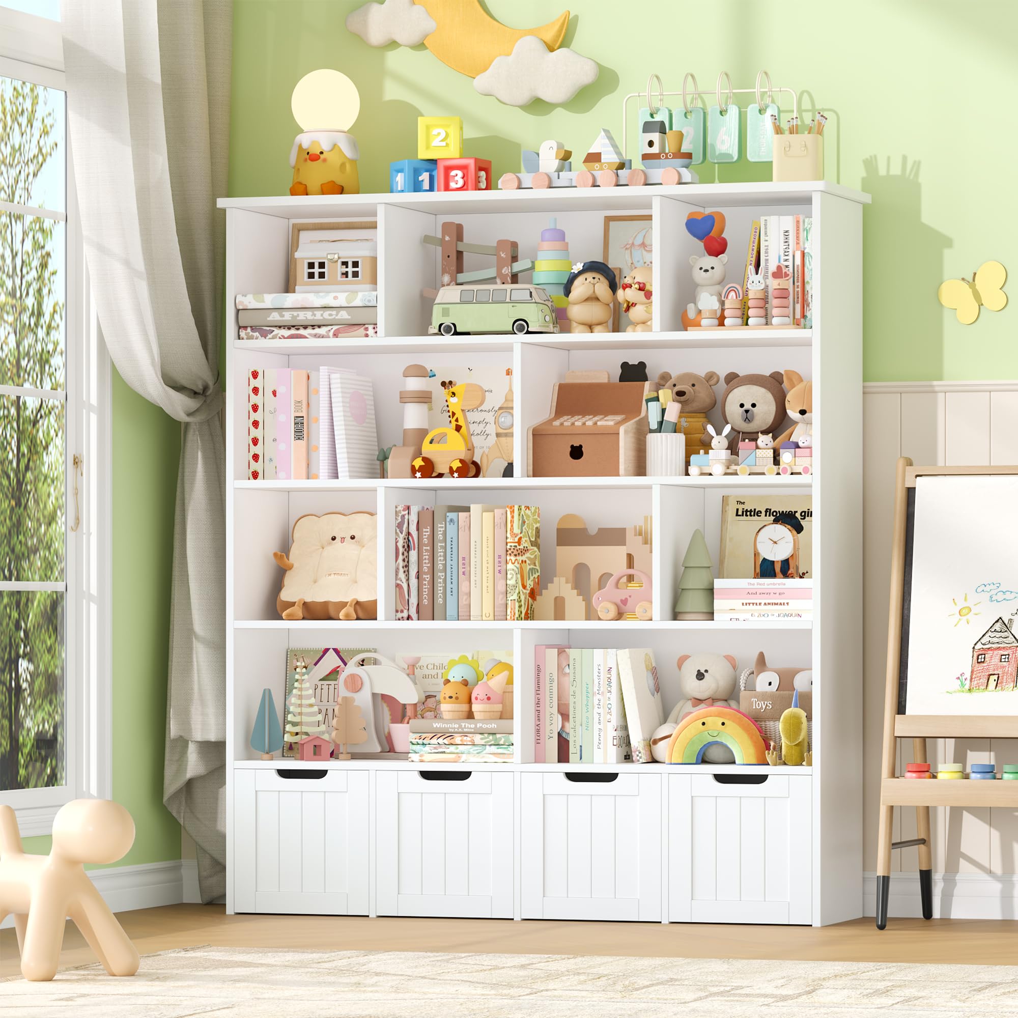 FOREHILL Mueble Organizador Juguetes, Mueble Almacenaje Juguetes, Estanteria Montessori, Organizador de Juguetes Infantil, 4 Cajones con Ruedas, 10 Compartimentos, Blanco 125.5x33x146 cm