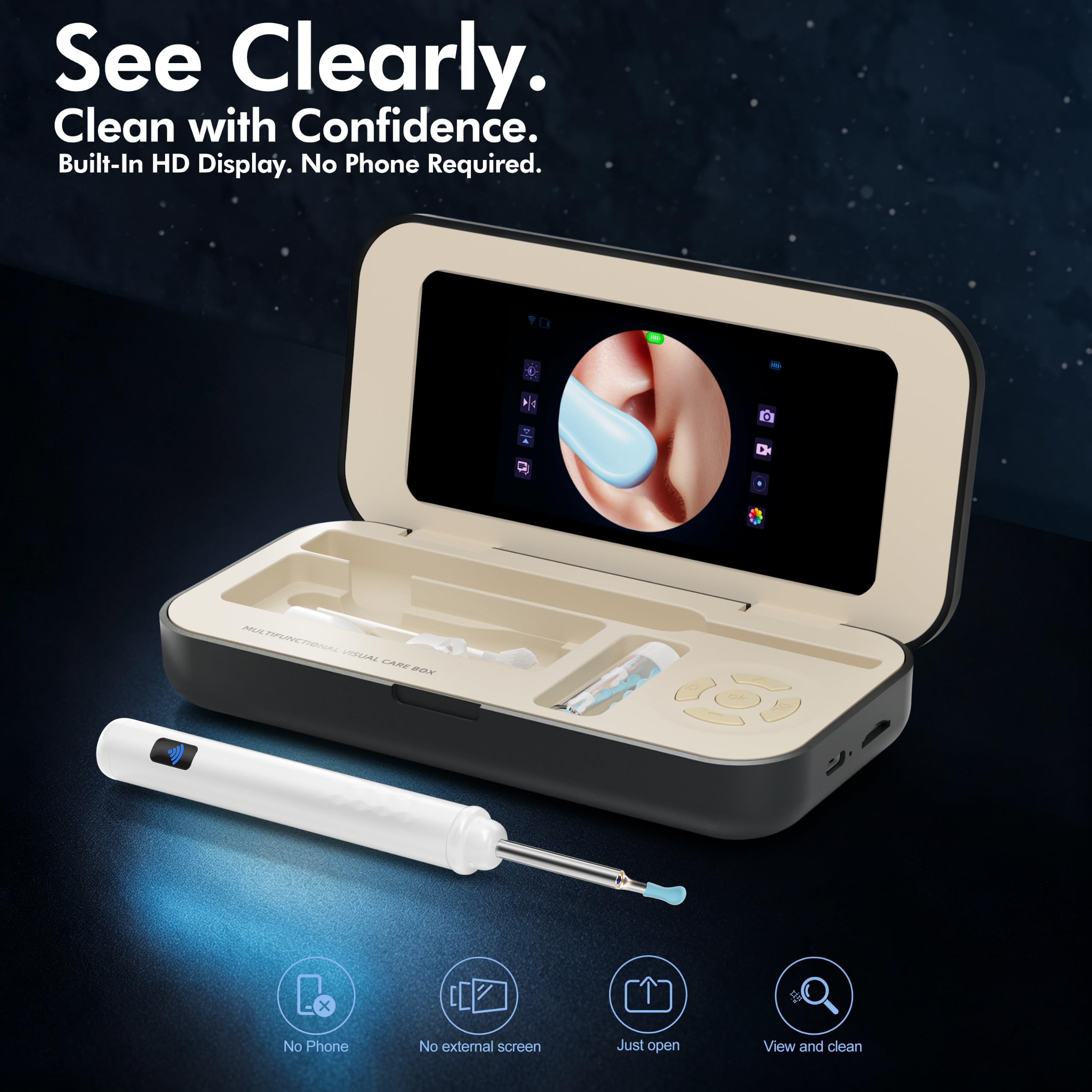 A03 Ear Wax Removal Tool Camera with Screen, 1080P HD Ear Cleaner with Camera, App-Free Otoscope, Charging Case, LED Lights, Ear Camera with TF Card, 10 Soft Silicone Tips for Adults — Amazon image 2