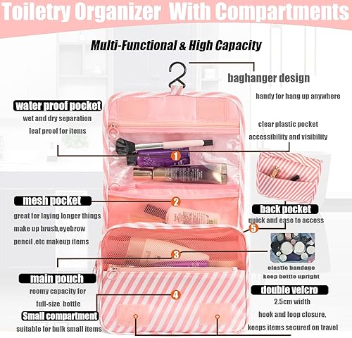 Miniatura 2 de L&FY Neceser de viaje colgante para mujer, organizador de cosméticos, bolsa de maquillaje, kits de Dopp para hombre con asa, Lienzo Rosa, A la moda
